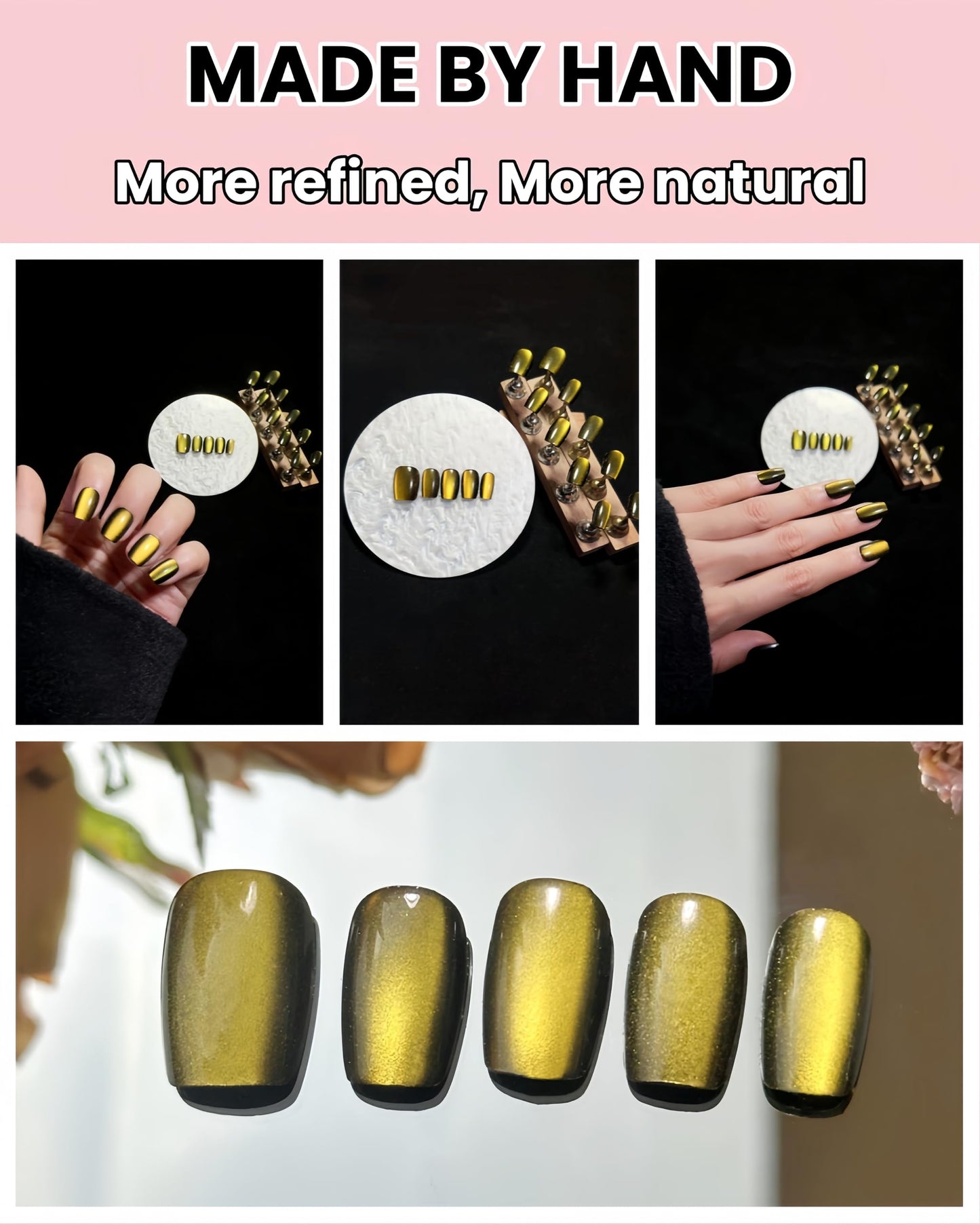 Incantevole Cat's Eye Press On Nails (30PCS； SIZE：XS-S-M), Short Square Fake Nails (Black Gold), Handmade Nails, Elegant False Nail Tips