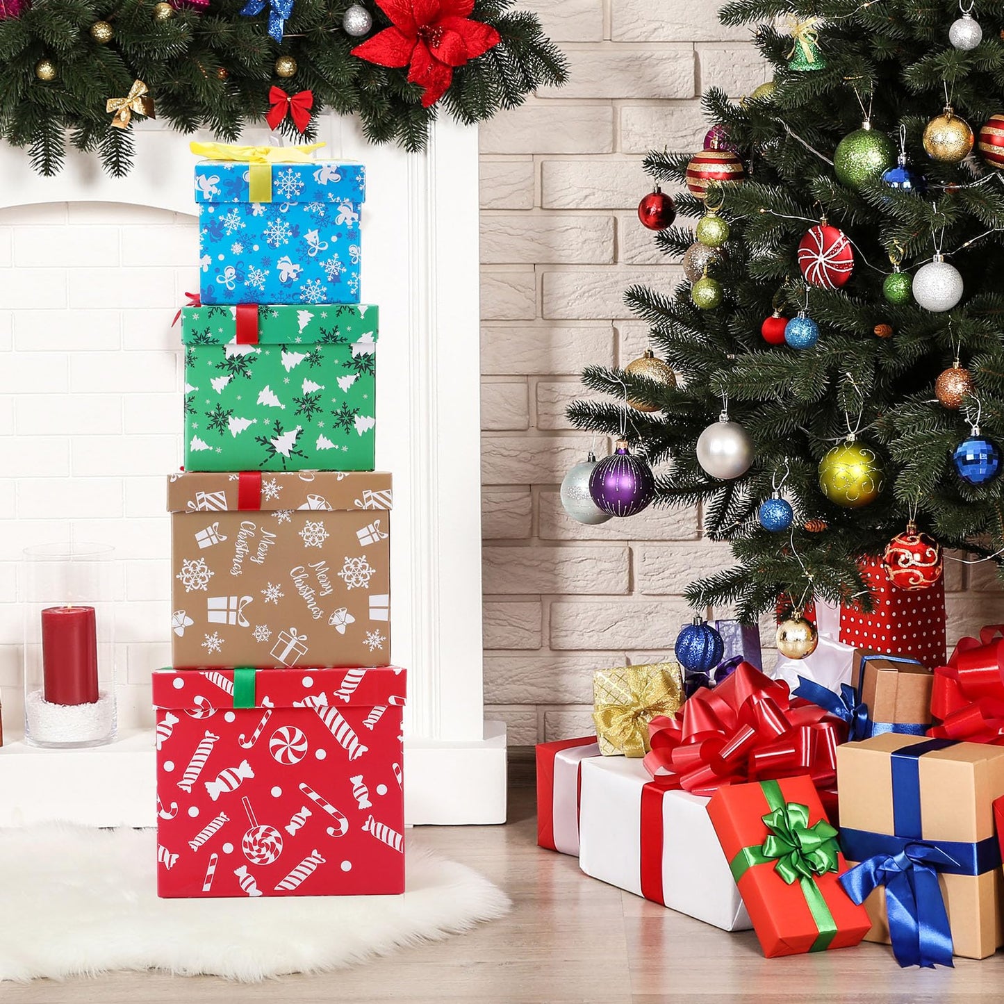 TaoBary 4 Pcs Christmas Nesting Gift Boxes Hard Xmas Stackable Candy Decorative Boxes with Lids for New Year, Holiday, Birthday Party Gift Decor Supplies