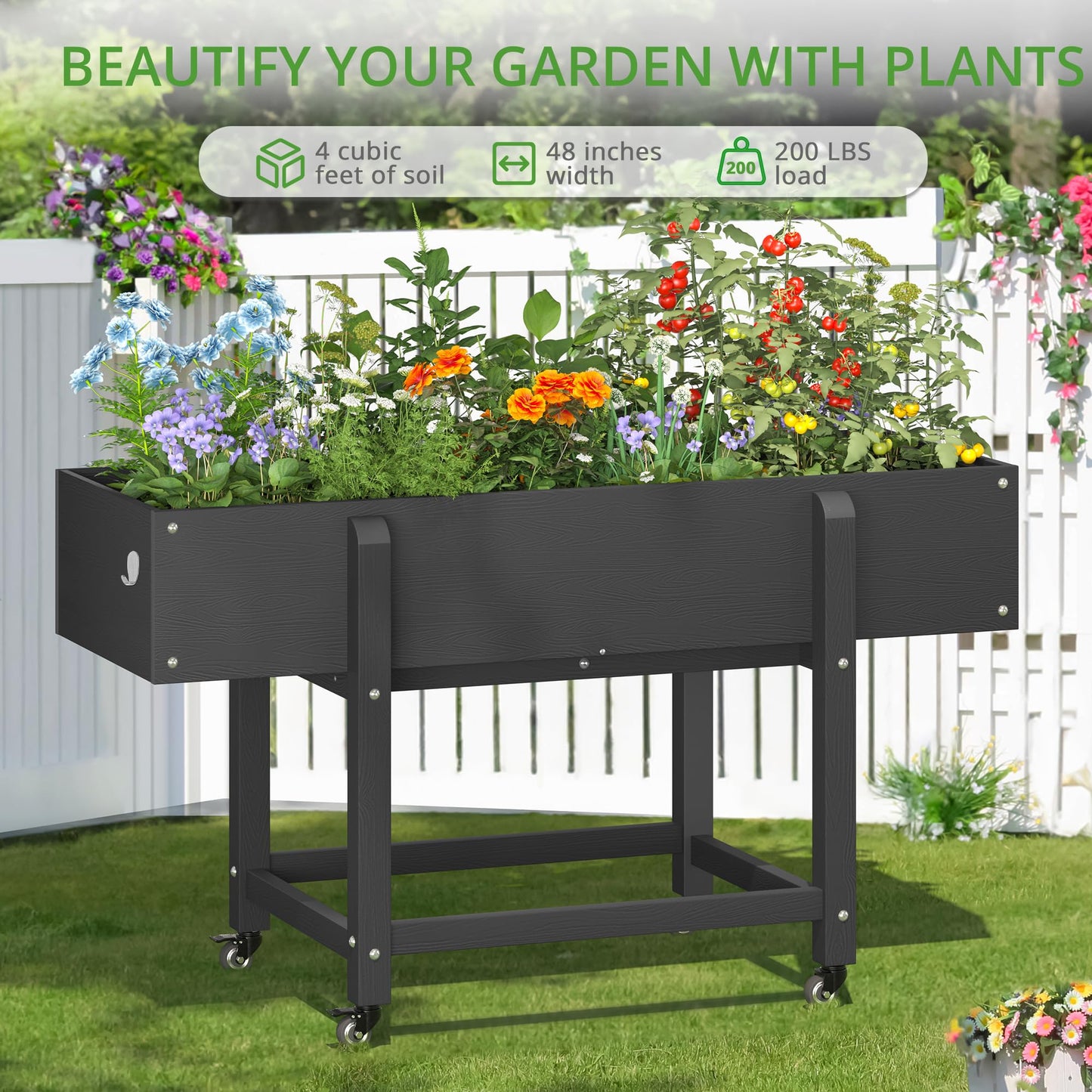 LUE BONA Raised Garden Bed with Wheels, 48 * 16.7 * 28 in, Poly Elevated Outdoor Planter Box with Tools, Weather Resistant, Standing Growing Bed Herb Planter for Vegetable, Flowers, Fruits