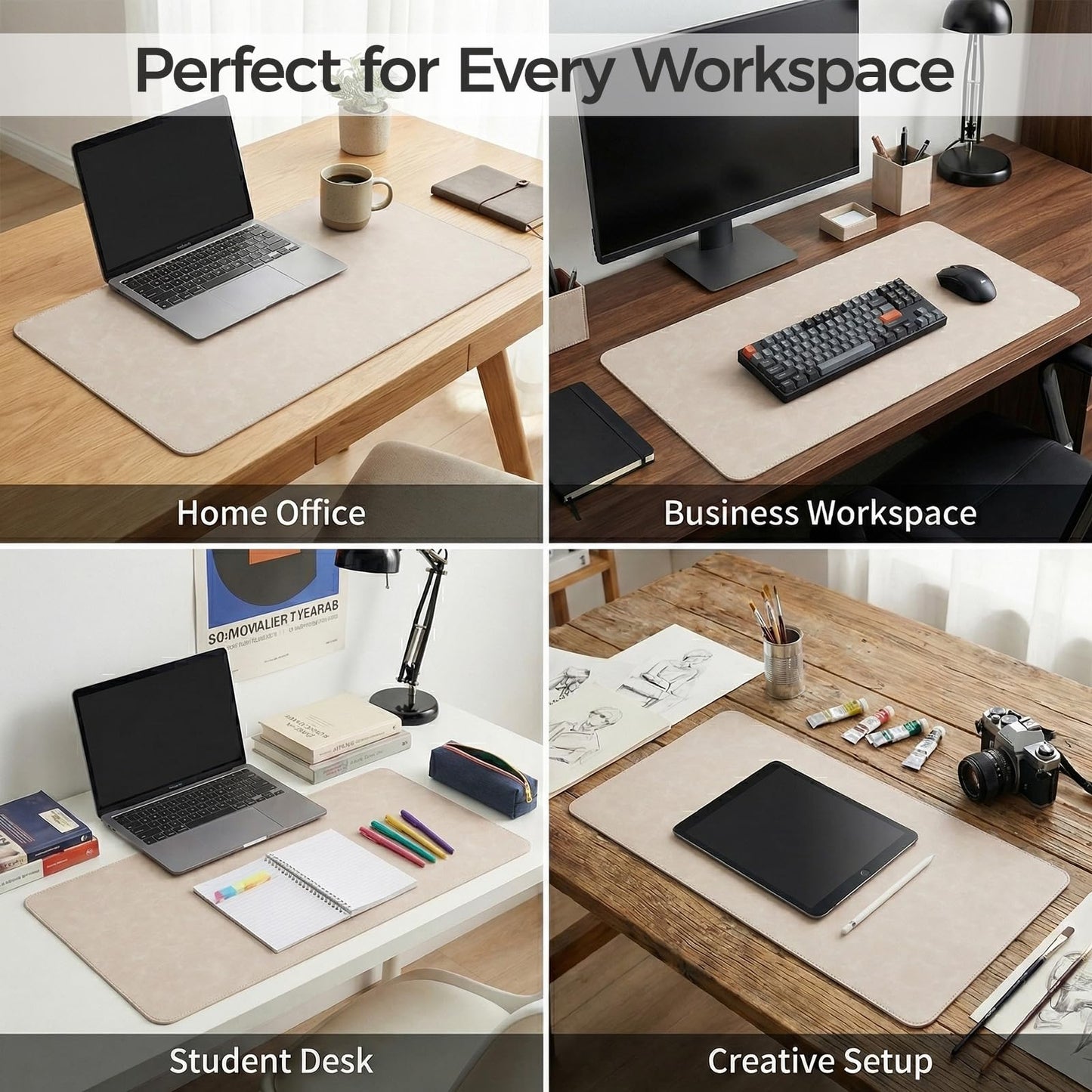 Premium Faux Leather Desk Mat & Tray Set，Innovative Cork-Look Printed Base，Gift Tube Packaging，Full-Desk Coverage，Non-Slip Desk Pad for Office Home（Warm Beige）