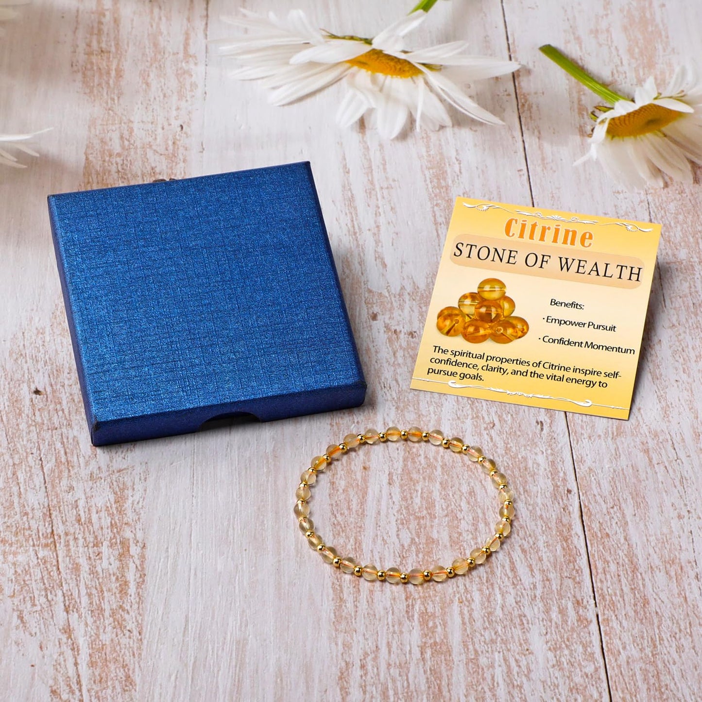 QOGIR Citrine - Stone of Wealth - 14K Gold Plated Beads Natural Gemstone Stretch Elastic Dainty Healing Beaded Bracelets Gifts 4mm