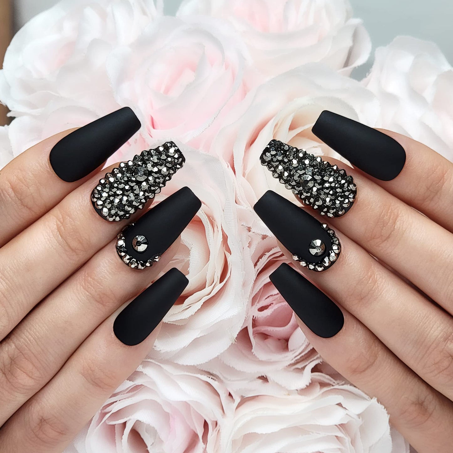 Hypnaughty Press On Nails - Rhinestone Noir & Maroon Xtreme, Trendy & Salon Quality Reusable Nails With Kit