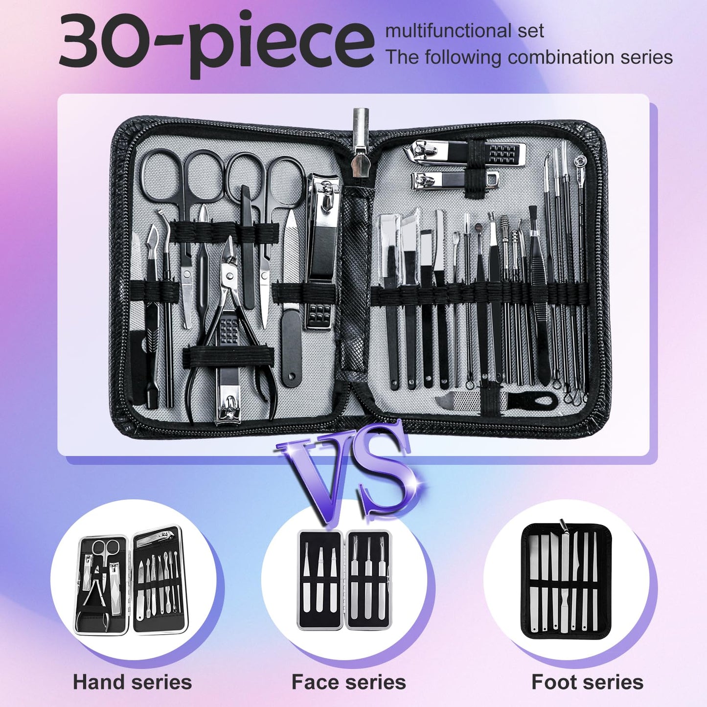 Manicure Pedicure Kit Professional 30pcs Complete Nail Care kit，fingernail and toenail Clippers and Manicure kit for Men with Travel Deluxe Beauty Tools Convenience Set (Black)