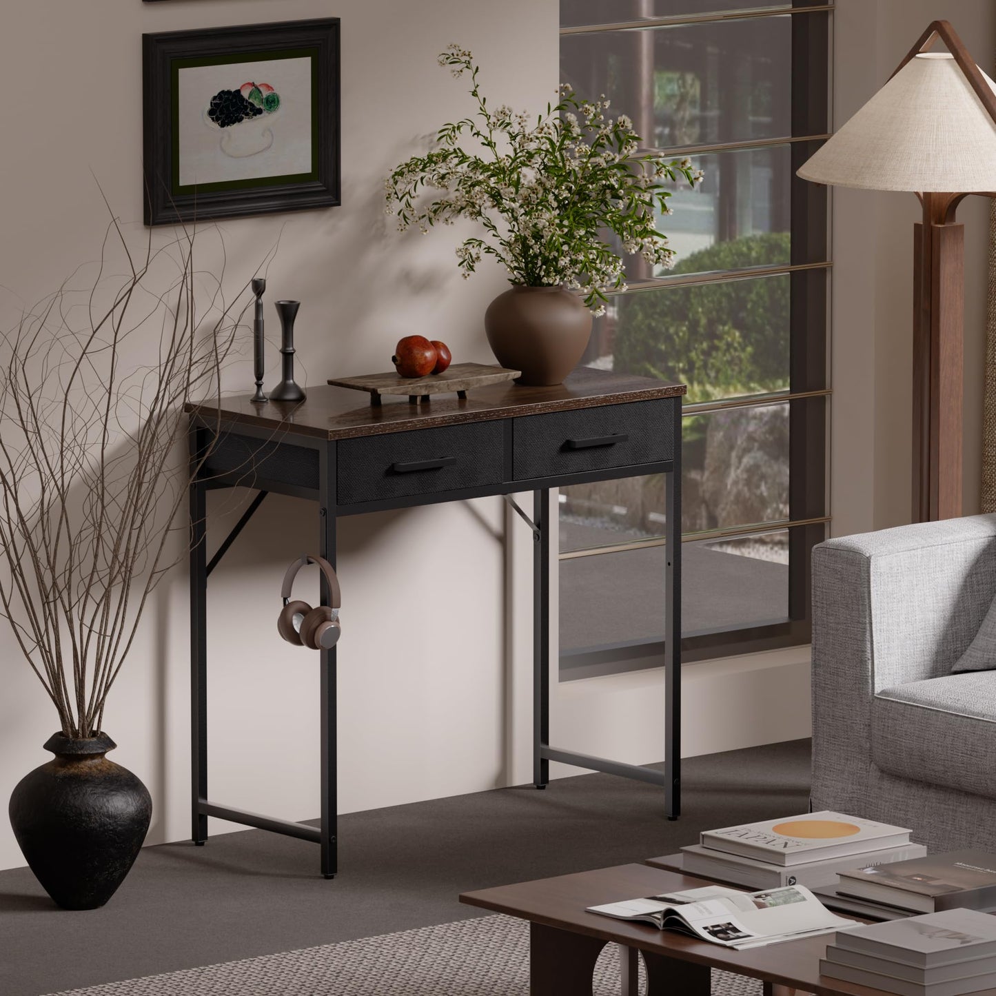 Pamray 32 Inch Small Computer Desk with 2 Drawers for Bedroom Study Writing Home Office Table for Small Spaces Brown