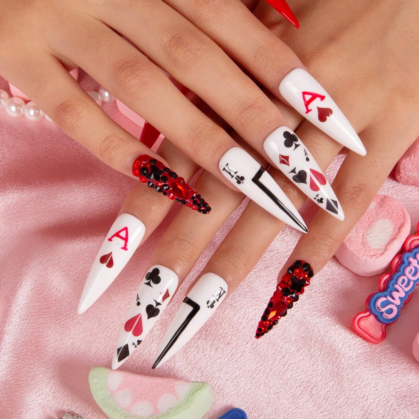 LOVFUL Press on Nails Poker Queen | Handmade with Full Covered Crystals | Reusable Fake Nails | Stiletto Mid Length 1.7 in | H102-M