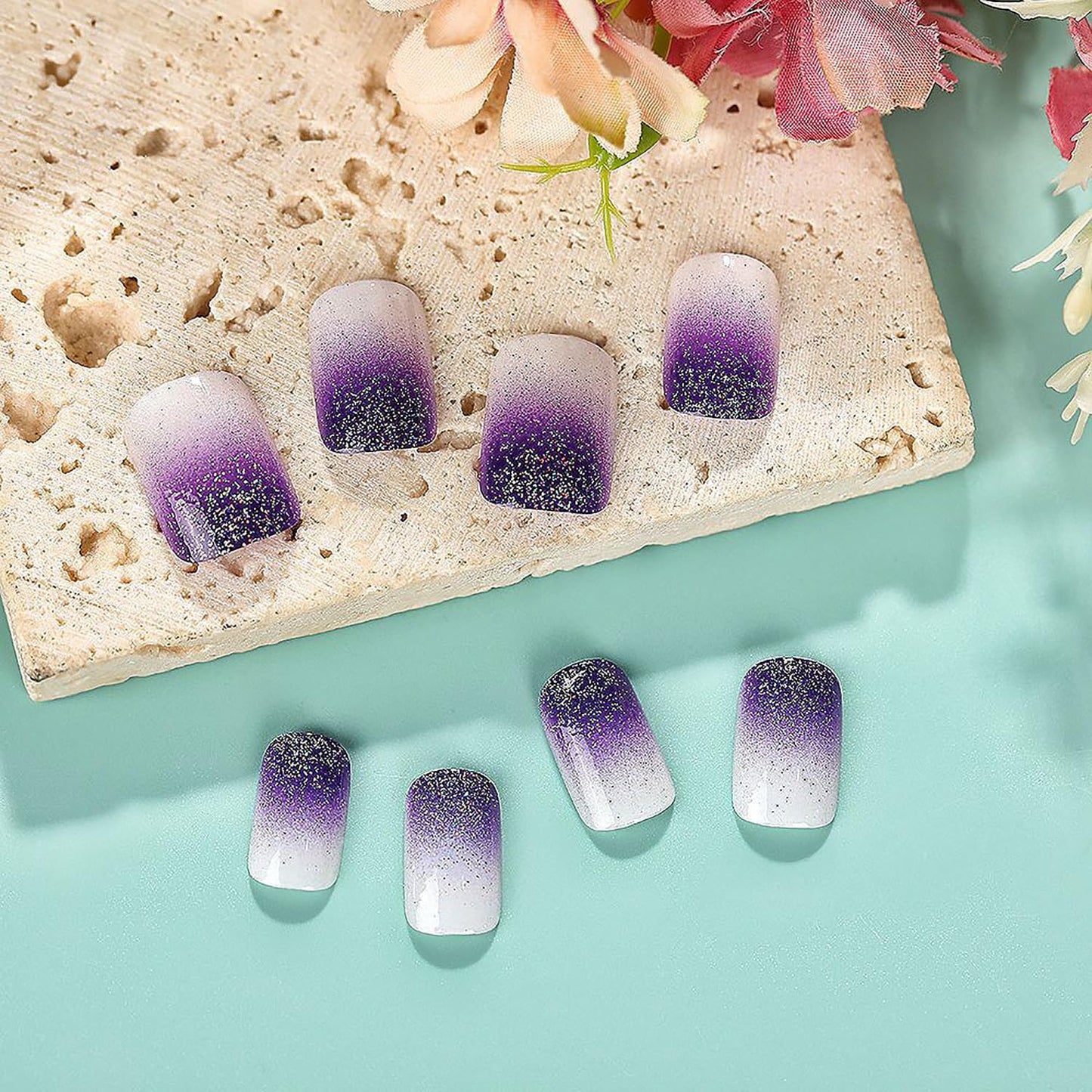 Purple Gradient Press on Nails Square Glitter Powder False Nails Medium Coffin Nails Full Cover Artificial Nails Reusable Acrylic French Stick on Nails DIY Glue on Nails for Women Manicure Kit 24Pcs