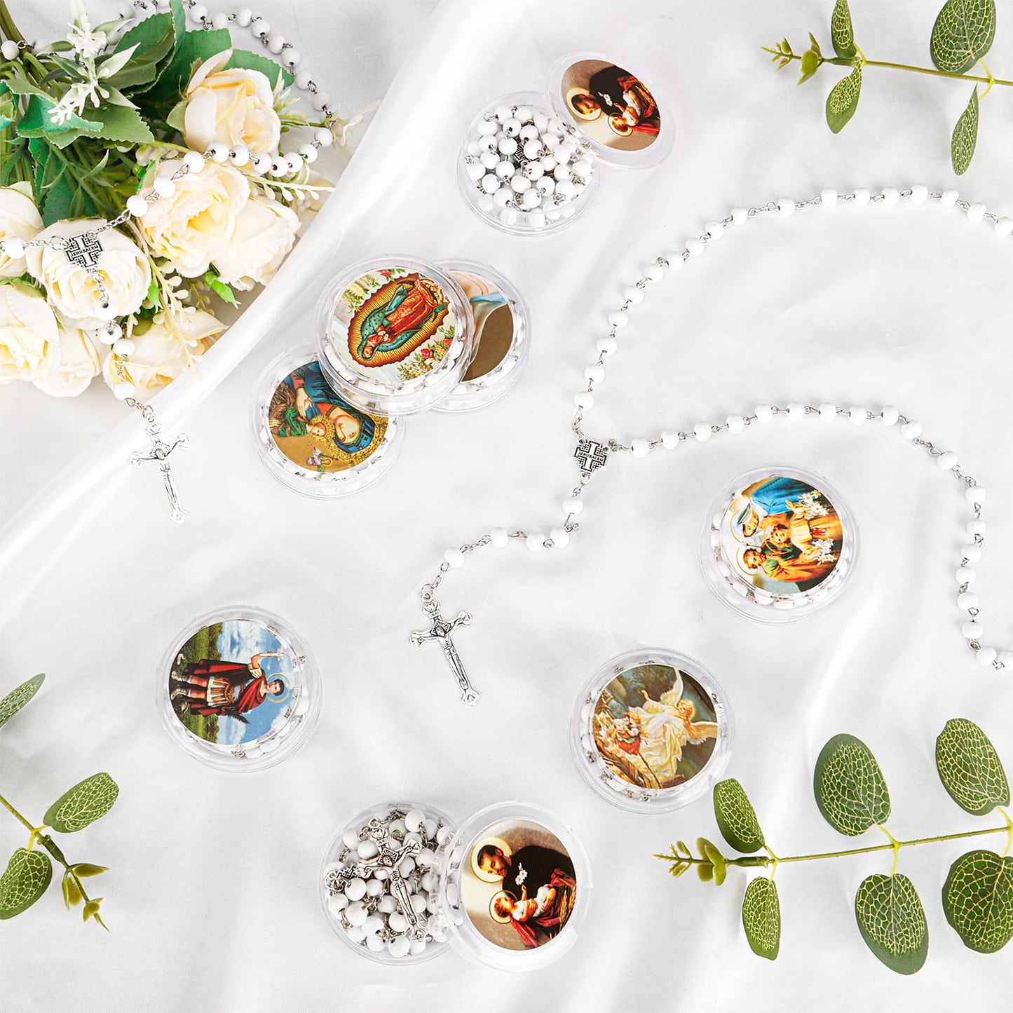 24 Pcs Scented Catholic Rosaries Bulk Wood Bead Crucifix Pendant Rosary Necklace for Baptism First Communion Favors, Catholic Regligious Event Prayer Gifts, Stocking Stuffers for Women Men (White)