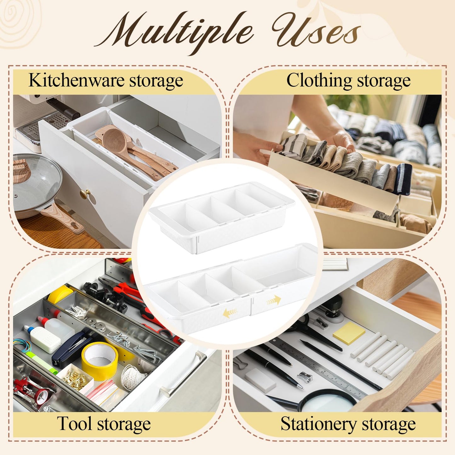 BrightRow 3 Pcs Expandable Drawer Organizer Bins Adjustable Deep Drawer Hanging Organizer Tray Expandable 11.4 to 18.1 Inches Plastic Dividers Storage for Office Bathroom Bedroom Kitchen Desk, White