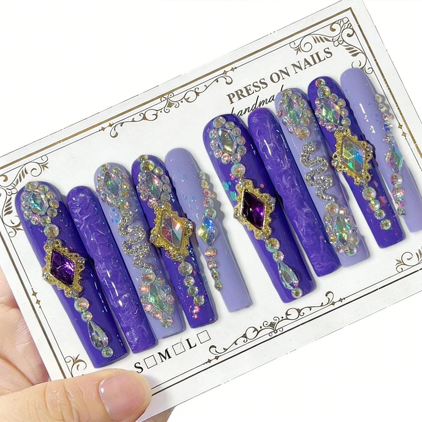 10 Pcs Extra Long Handmade Press on Nails Square Fake Nails with 3D Rhinestones Charms Design Purple Acrylic False Nails Wedding Party Long Press Ons Nails Square for Women - M Size
