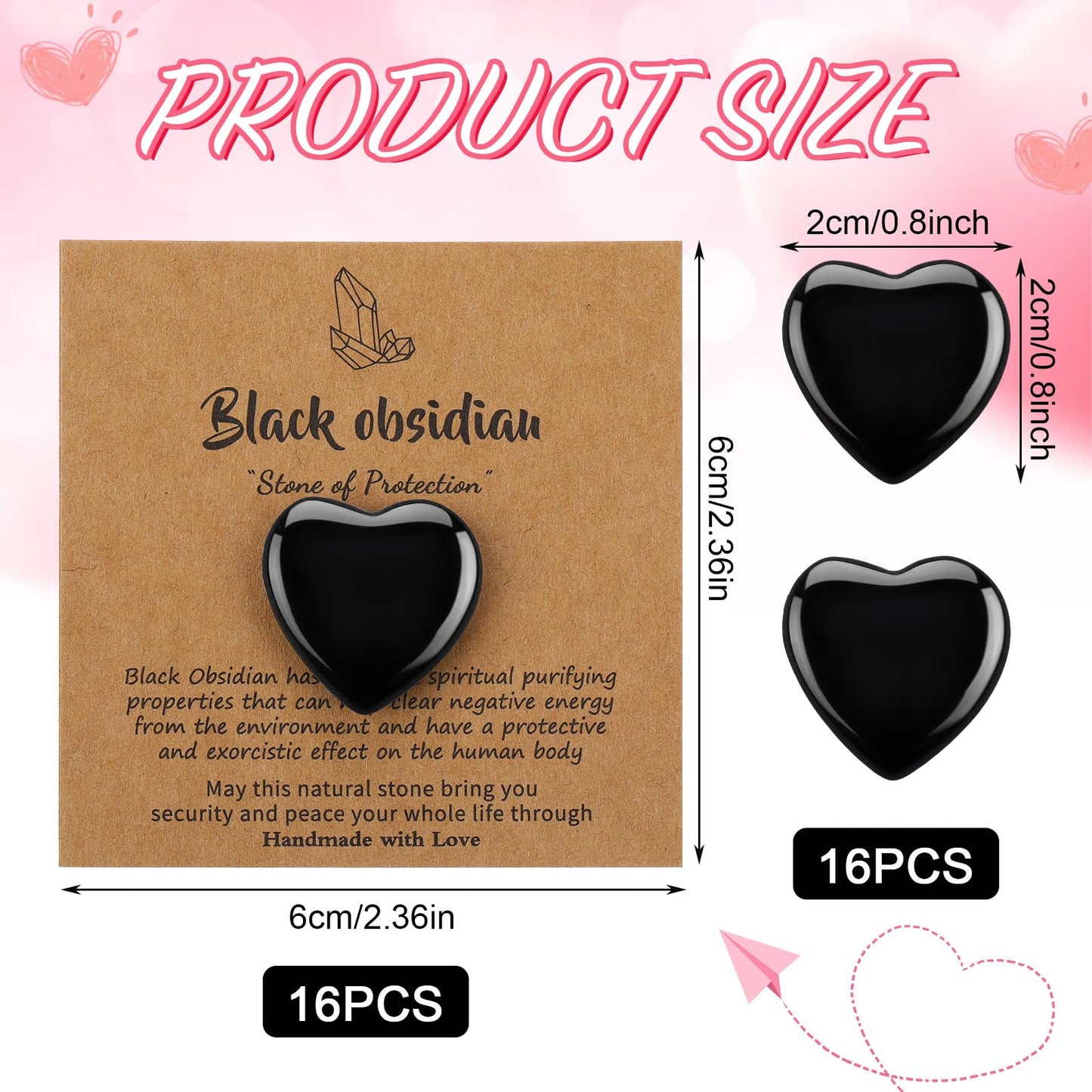 YooNotee 32 Pack Black Obsidian Heart Stone Gift Sets Bulk 0.8 Inch 16 Pcs Crystal Gemstone Crystals Rock with 16 Pcs Cards for Men Women