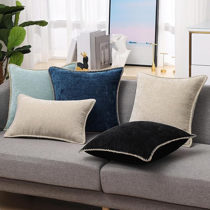 decorUhome Chenille Soft Throw Pillow Covers 16x16 Set of 2, Farmhouse Velvet Neutral Decorative Euro Pillow Covers with Stitched Edge for Couch Sofa Bed Home Decor, Poseidon