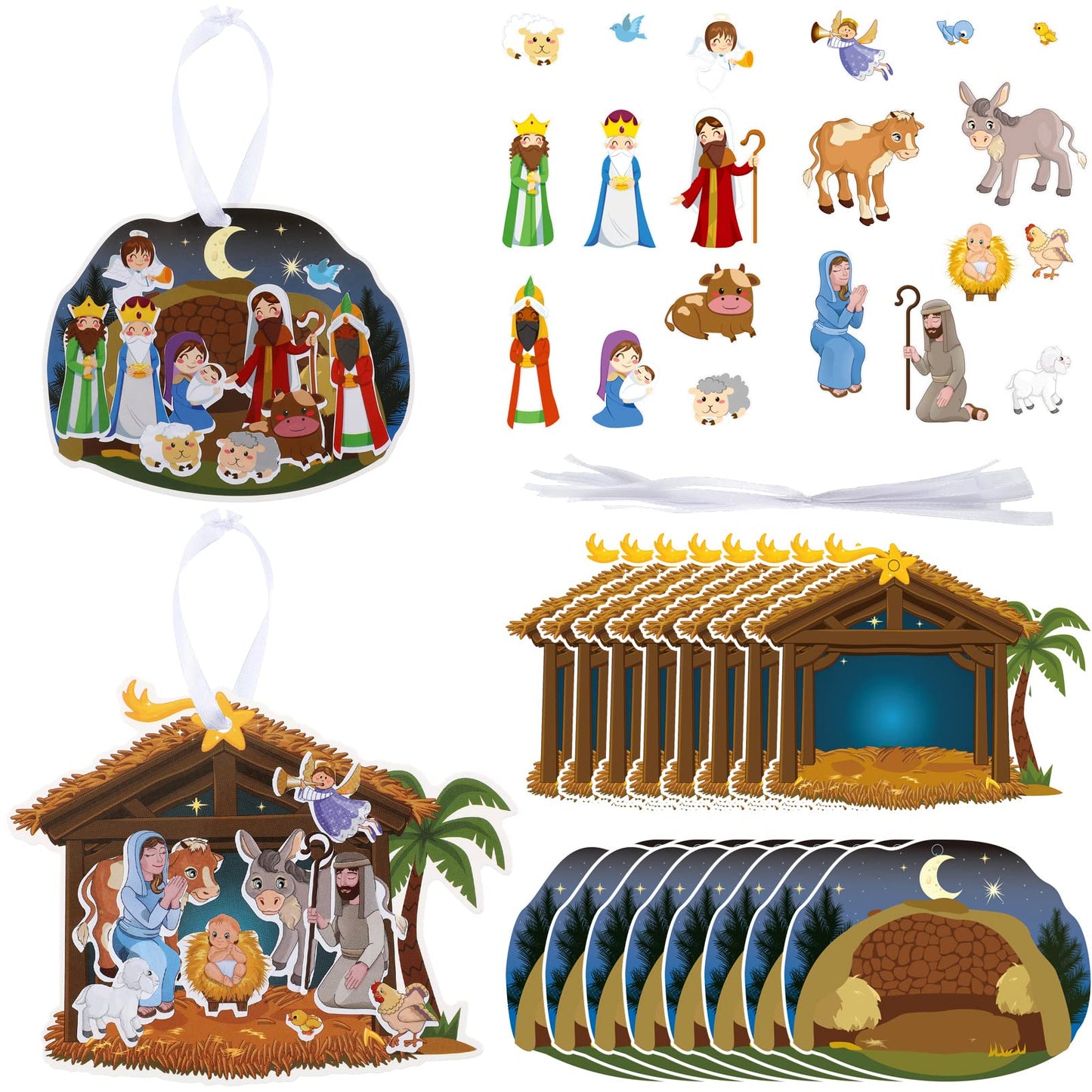 60 Sets Religious Crafts Nativity Stickers Make a Nativity Scene Sticker Ornament Christmas Tree Hanging Decorations Christian Craft Kits for Holy Night Religious Party Jesus