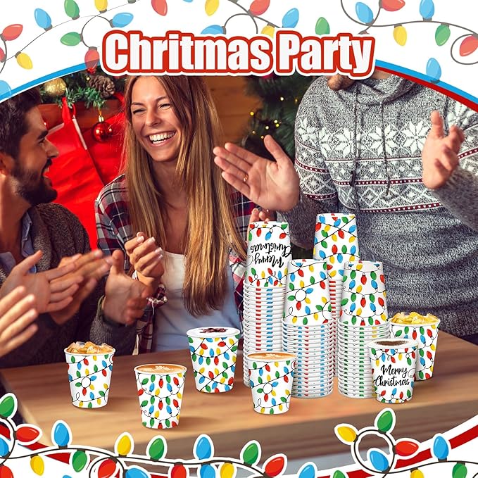 Funtery 100 Pieces Christmas Paper Cups Disposable Coffee Light Bulbs Insulated Coffee Paper Cups 9 Ounce Drinking Tea Christmas for Daily Use Holiday Party