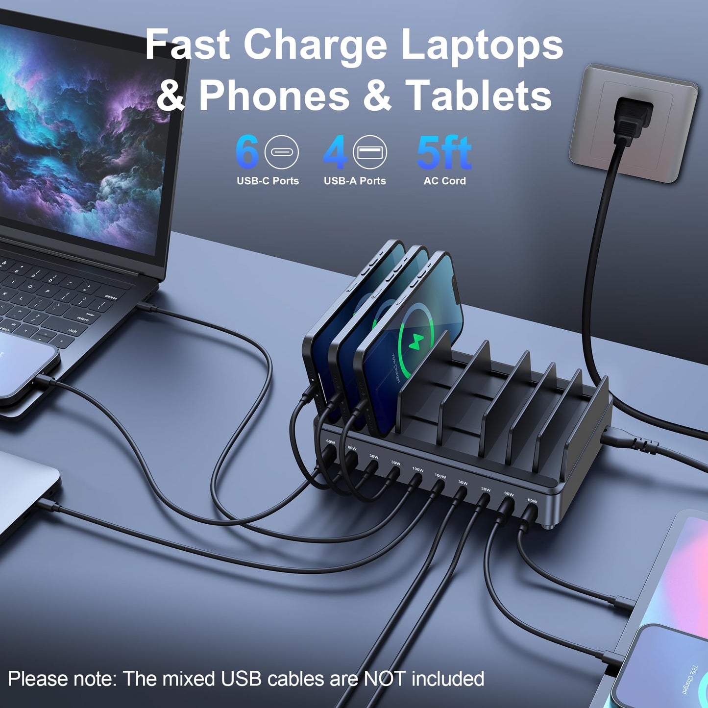 chipofy 500W Charging Station for Multiple Devices, 10-Port Multi USB C Fast Charger Station with Organizer Stand for MacBook Laptop, iPad, iPhone 17 16 Pro Max, Galaxy S25/S24 and More