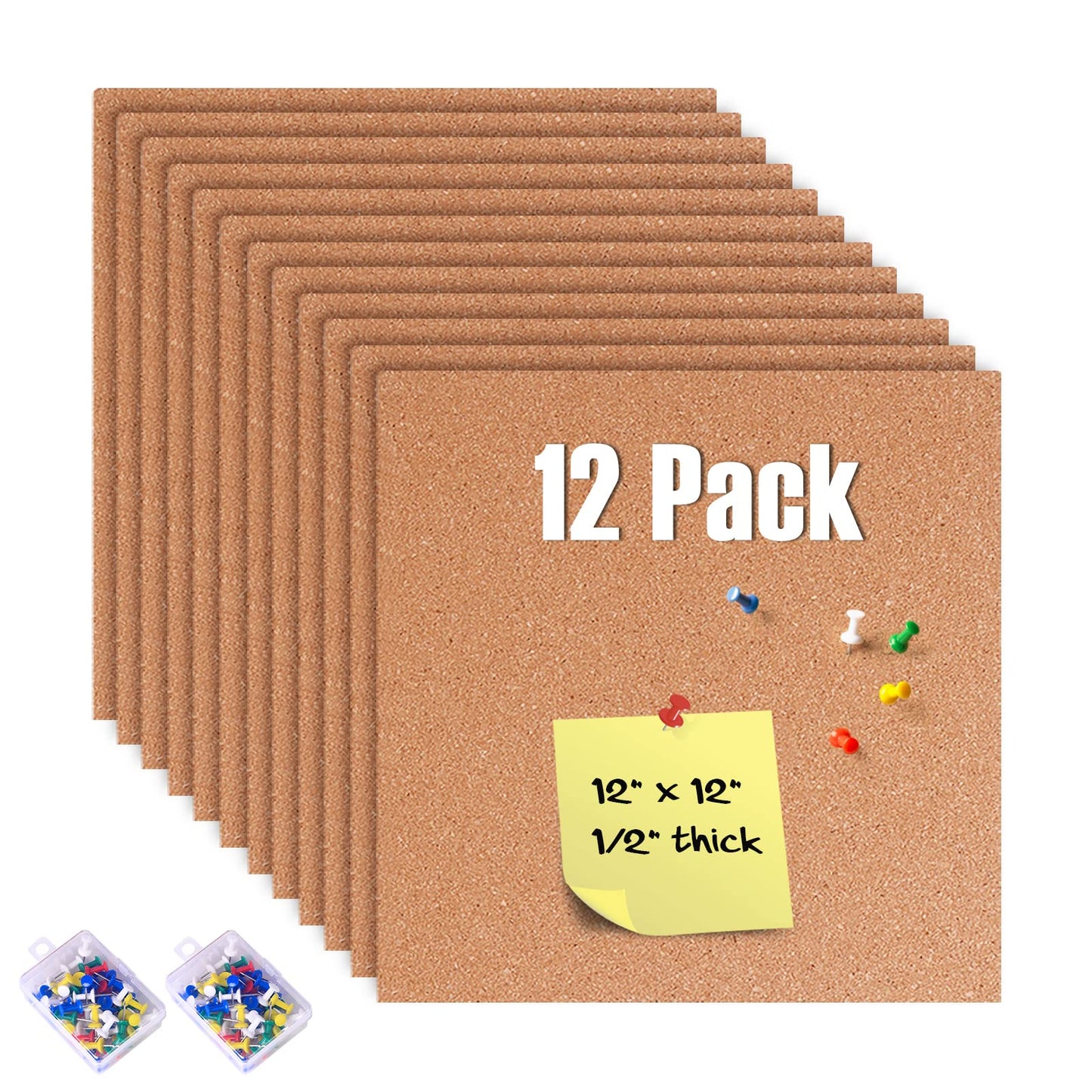 GARDYUE 12 Pack Cork Bulletin Board 12 x 12 Inch - 1/2" Thick Cork Board Tiles,Self-Adhesive Frameless Cork Tiles Wall Decor with 100 PCS Pushpins for DIY, Office, School and Home Decor