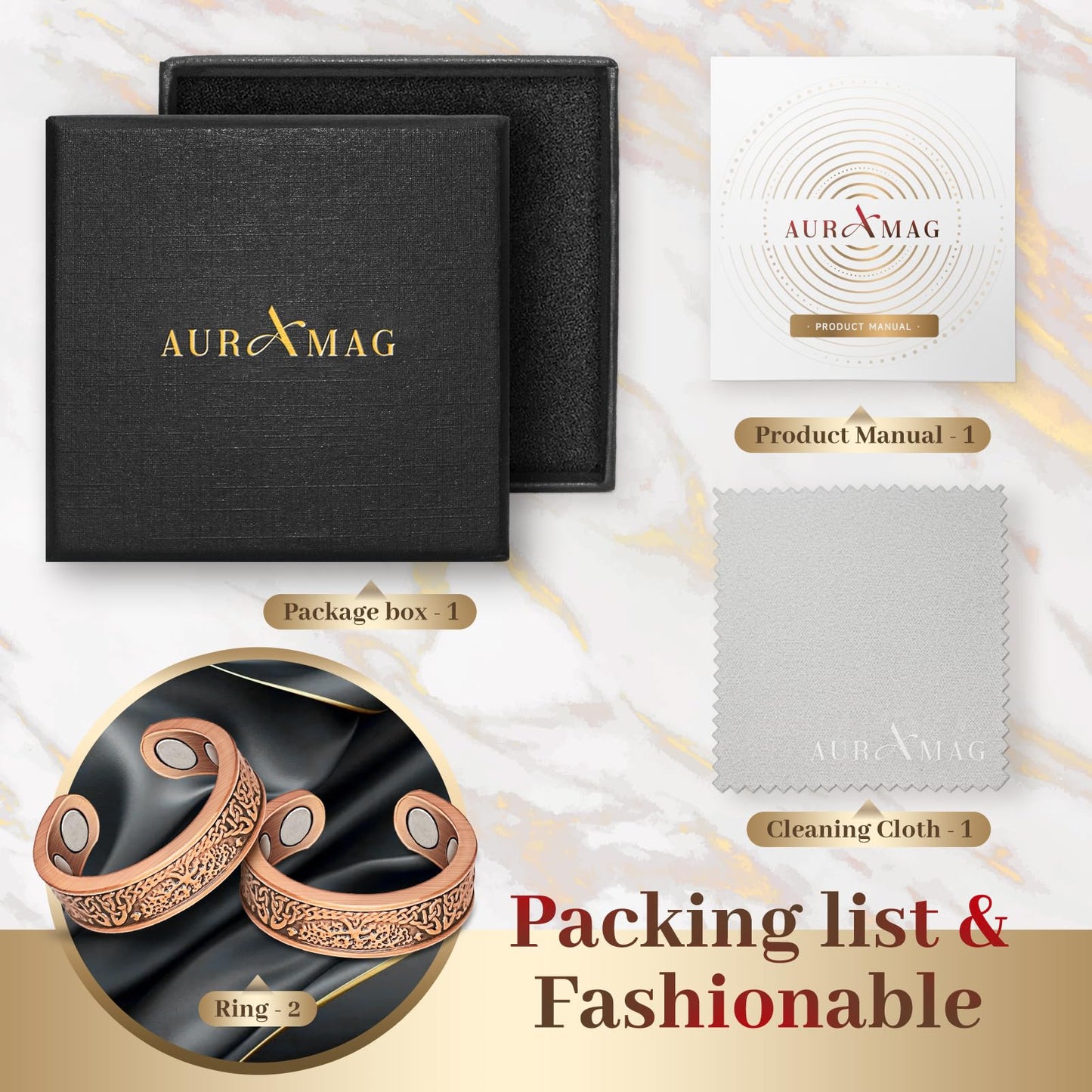 Auramag Copper Rings for Women, Lymphatic Drainage Ring 100% Pure Copper Thumb Rings with 3500 Gauss Magnets, Adjustable Jewelry Gift (2 PCS)