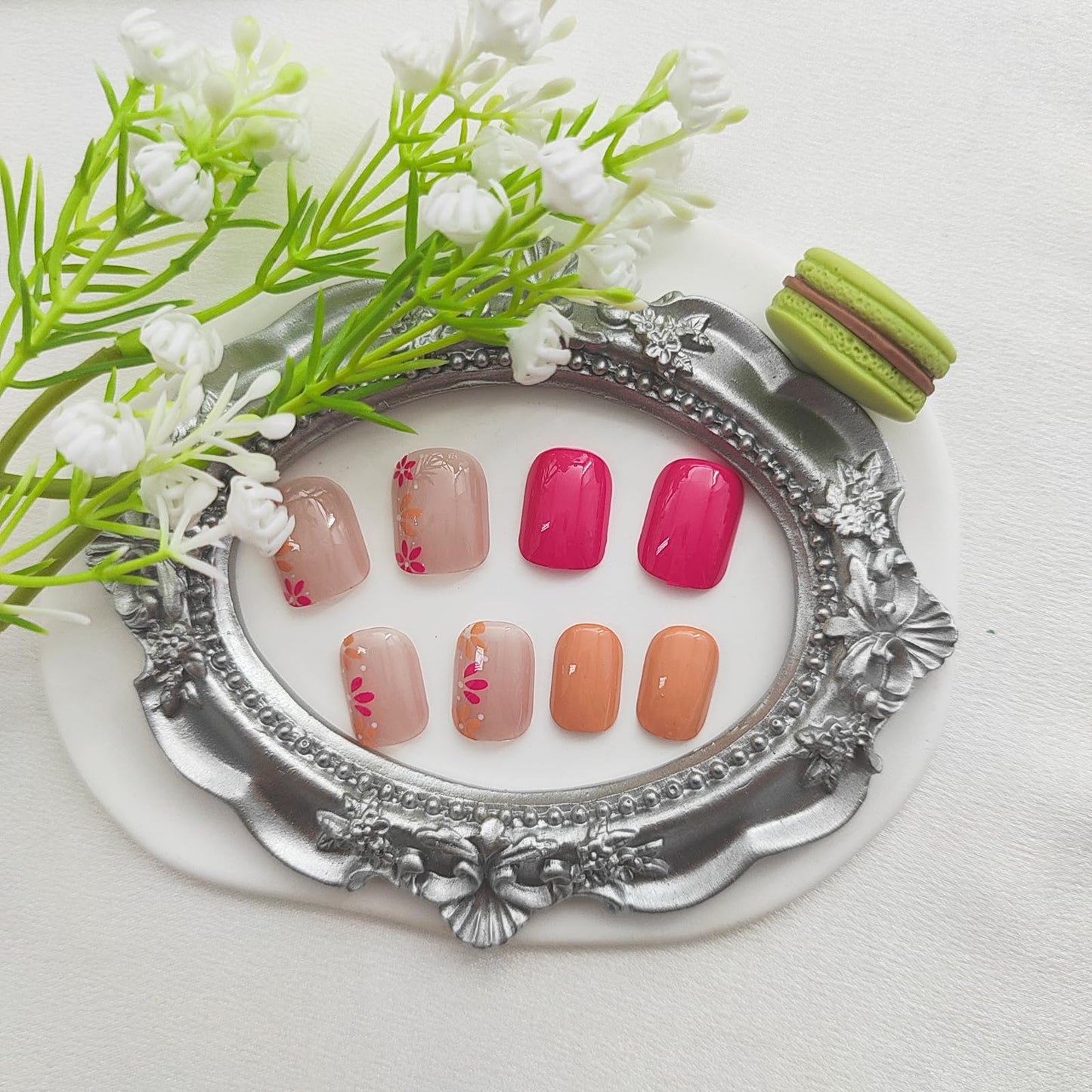 Fall Press on Nails Short Square Fake Nails with Flower Designs Pink Nails Press ons Cute Acrylic Nails for Women 24Pcs