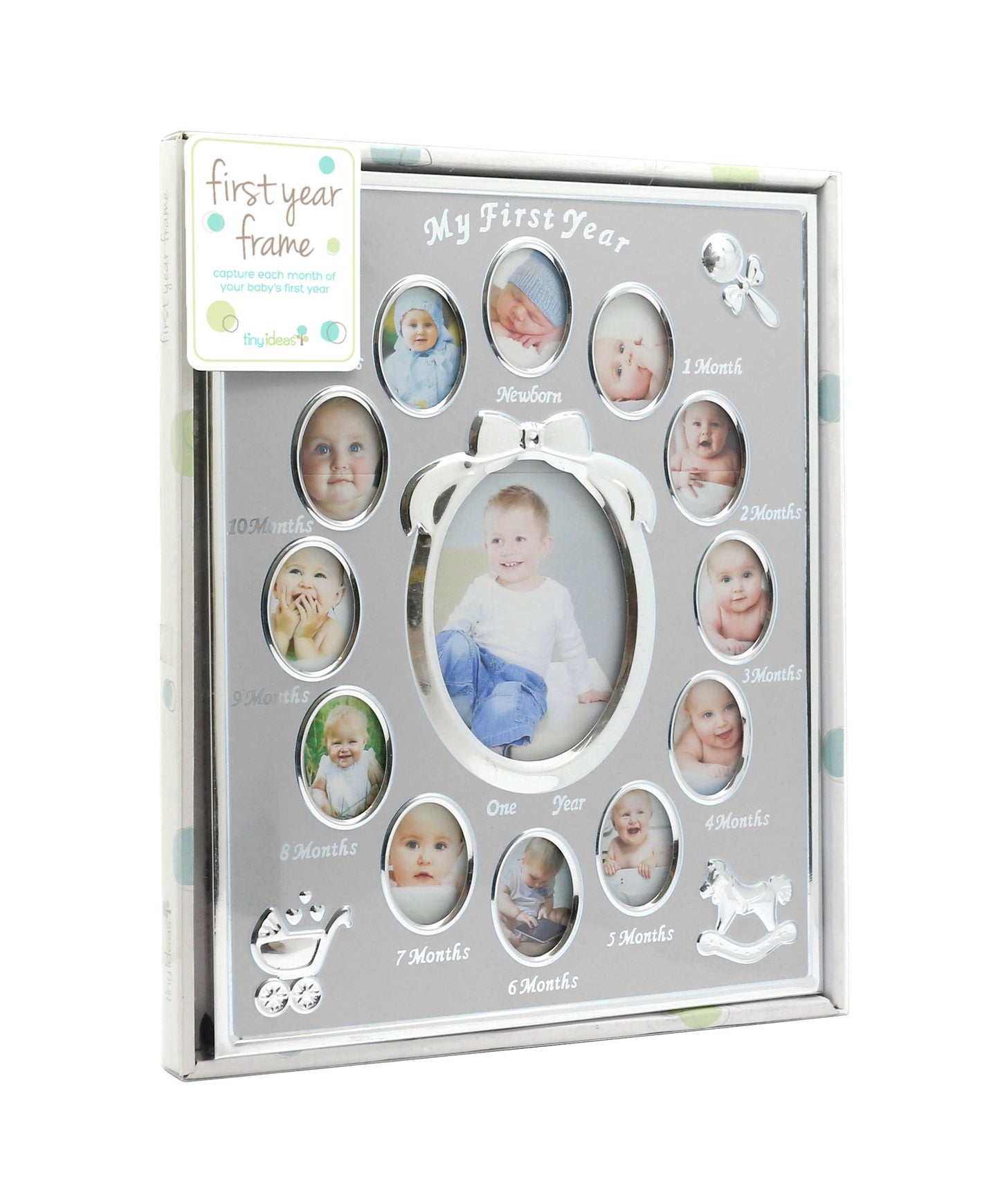 Tiny Ideas Baby’s My First Year Picture Frame, Monthly Milestone Photo Collage, 12 Month Baby Keepsake, Nursery Wall Decor and Baby Gift, Silver