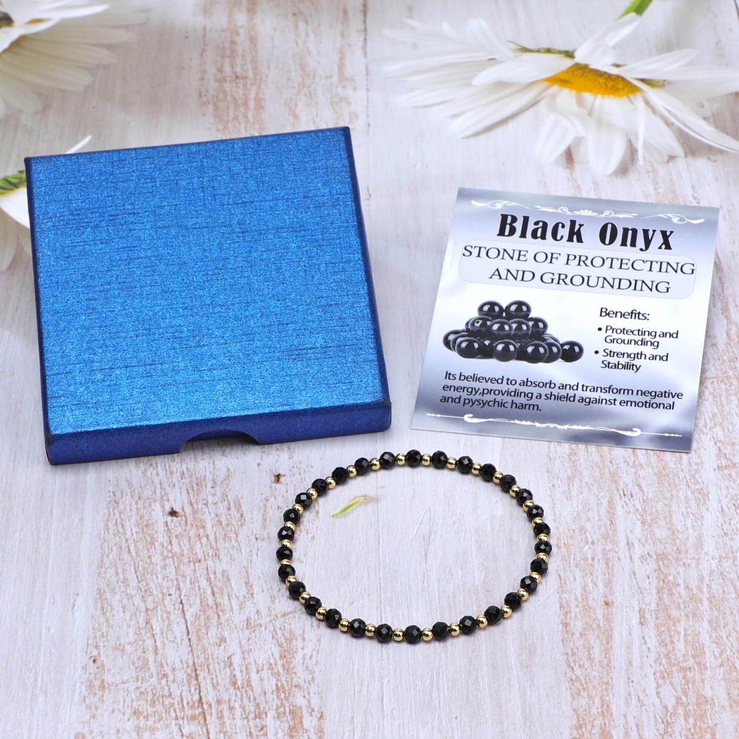 QOGIR Black Onyx - Protecting and Grounding - 14K Gold Plated Beads Natural Gemstone Stretch Elastic Dainty Healing Beaded Bracelets Gifts 4mm