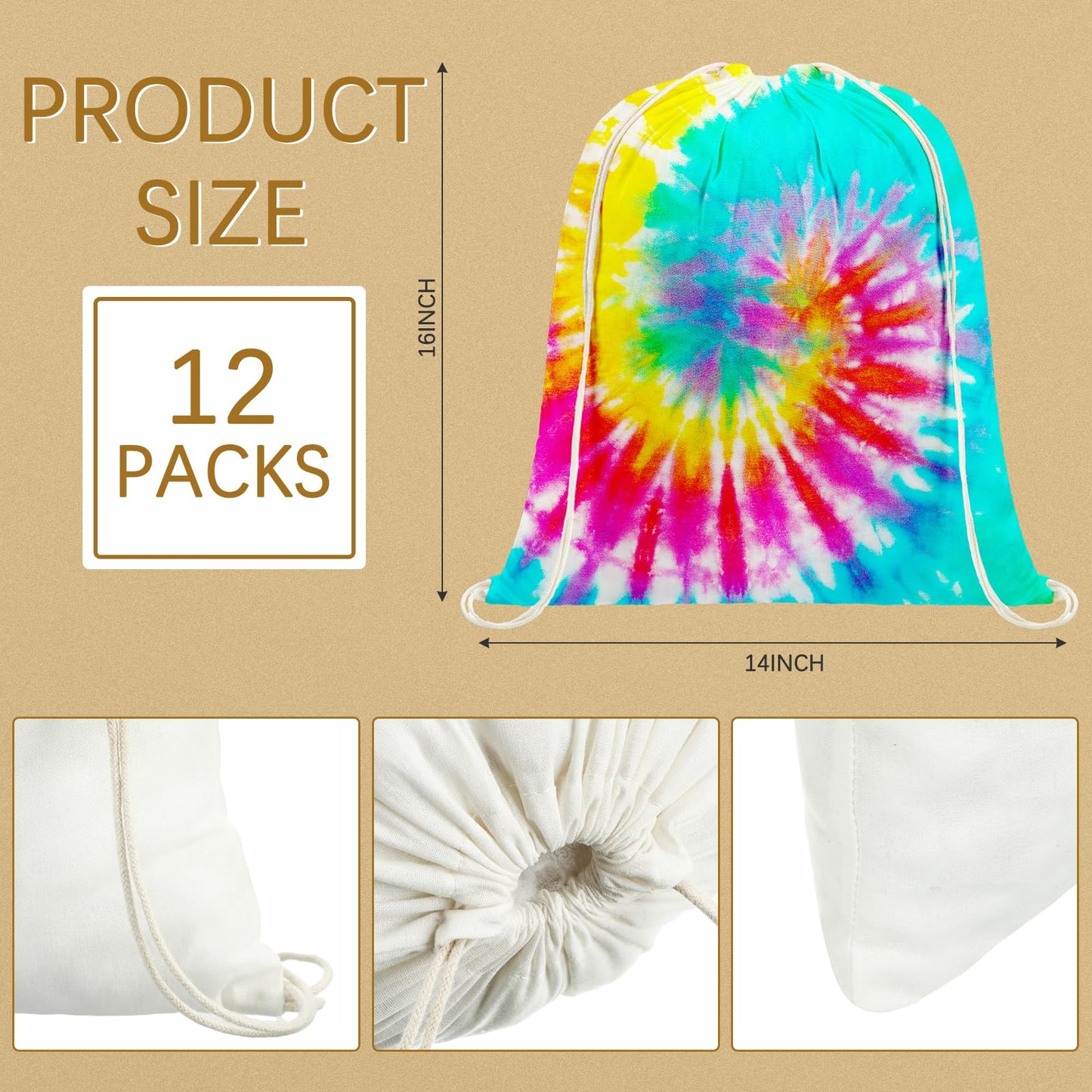 Saintrygo 12 Pieces 12/6 Pcs Tie Dye Cotton Drawstring Bags Sublimation Blank Backpack White Canvas Bags Kid DIY Items for Party Favors (Beige)