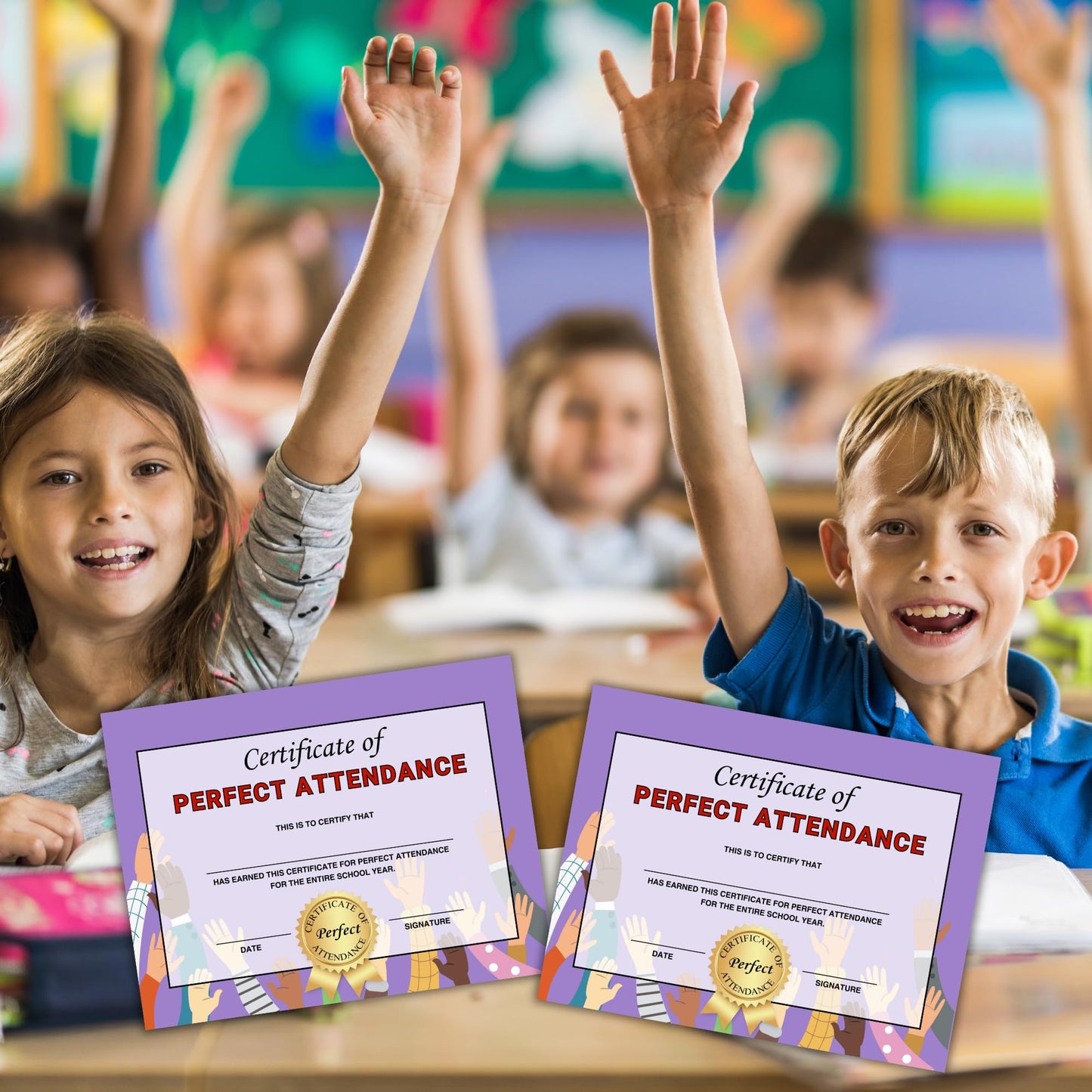 Perfect Attendance Certificate Award | 50 pk 8.5x11” Best Goal Participation Graduation Diploma Elementary Middle School Paper Superlatives