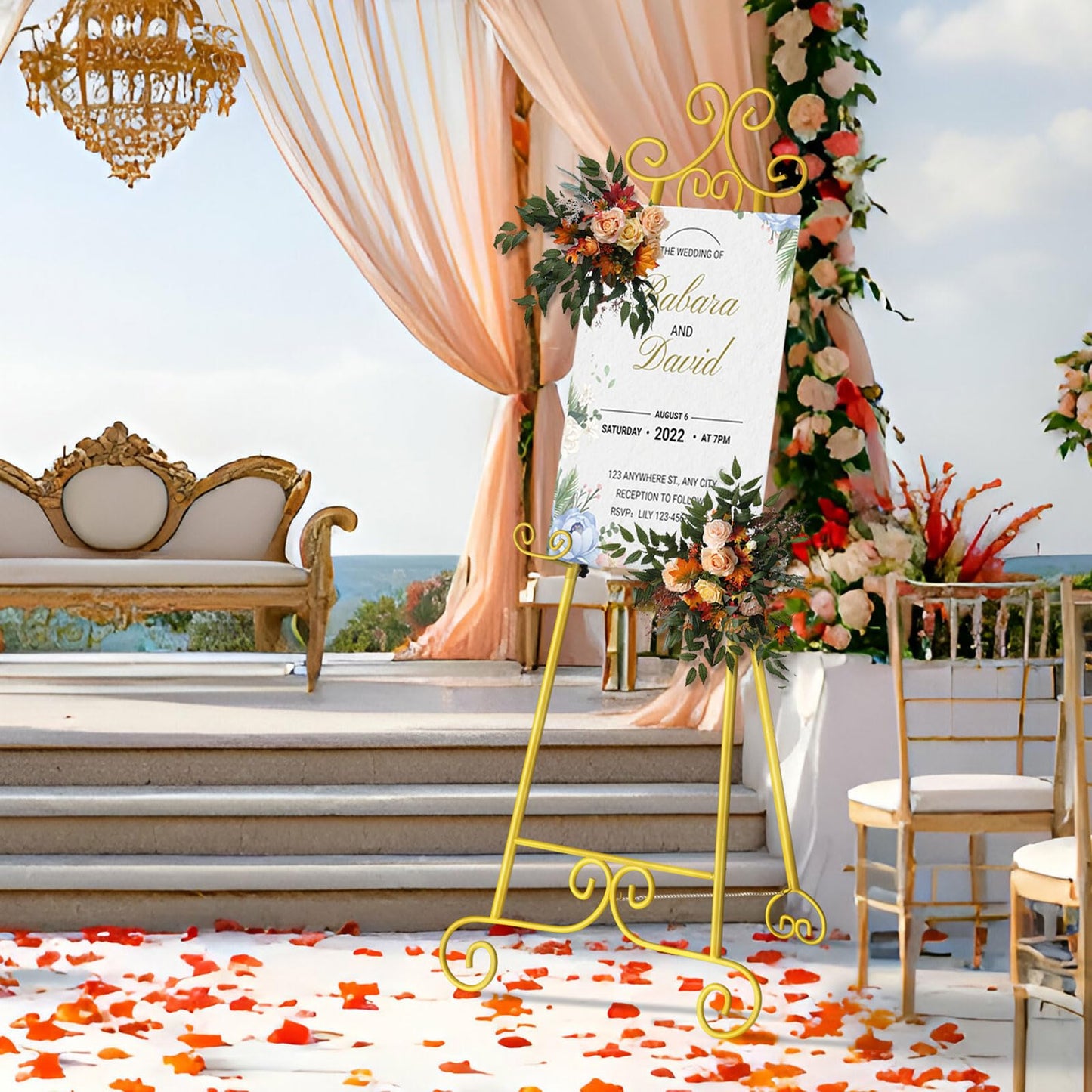 Skcoipsra 59IN Gold Easel Stand for Sign, 3 Tier Adjustable Larger Wedding Welcome Sign Holder, Art Poster Display Stand Free Standing with Chain