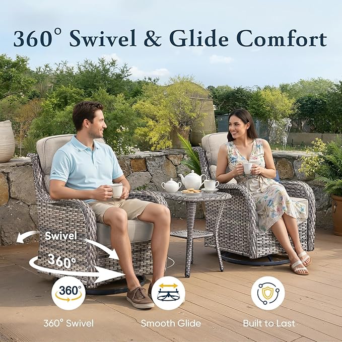 Belord Luxury 6" Thick Cushioned 8 Pieces Patio Furniture Set with Outdoor Couch, Wicker Outdoor Conversation Set with High Back Swivel Rocker Chairs for Deck Porch Yard and Poolside - Grey+Beige