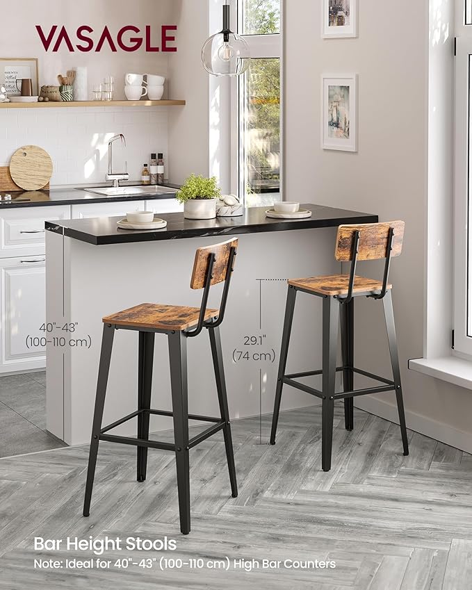 VASAGLE Set of 2 Bar Stools, Bar Height Stools, 29.1 Inches Tall Barstools with Back, Counter Bar Chairs for Kitchen Island, Steel Frame, Industrial Style, Easy Assembly, Rustic Brown and Ink Black