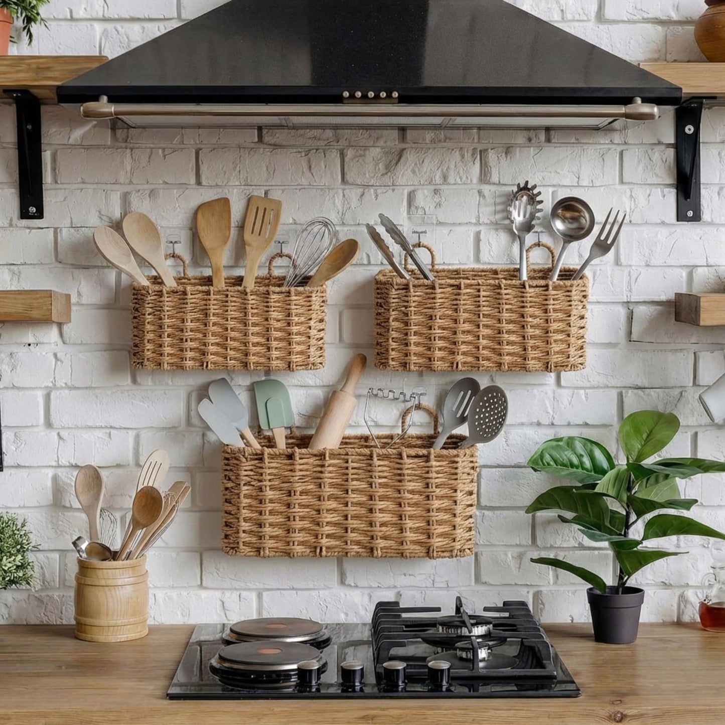 Ferrochef 3 Piece Wall Hanging Baskets for Organizing Paper Rope Woven Baskets Sets Boho Style Storage Bins for Fruits Vegetable Kitchen Storage Farmhouse Wall Decor Housewarming Gifts