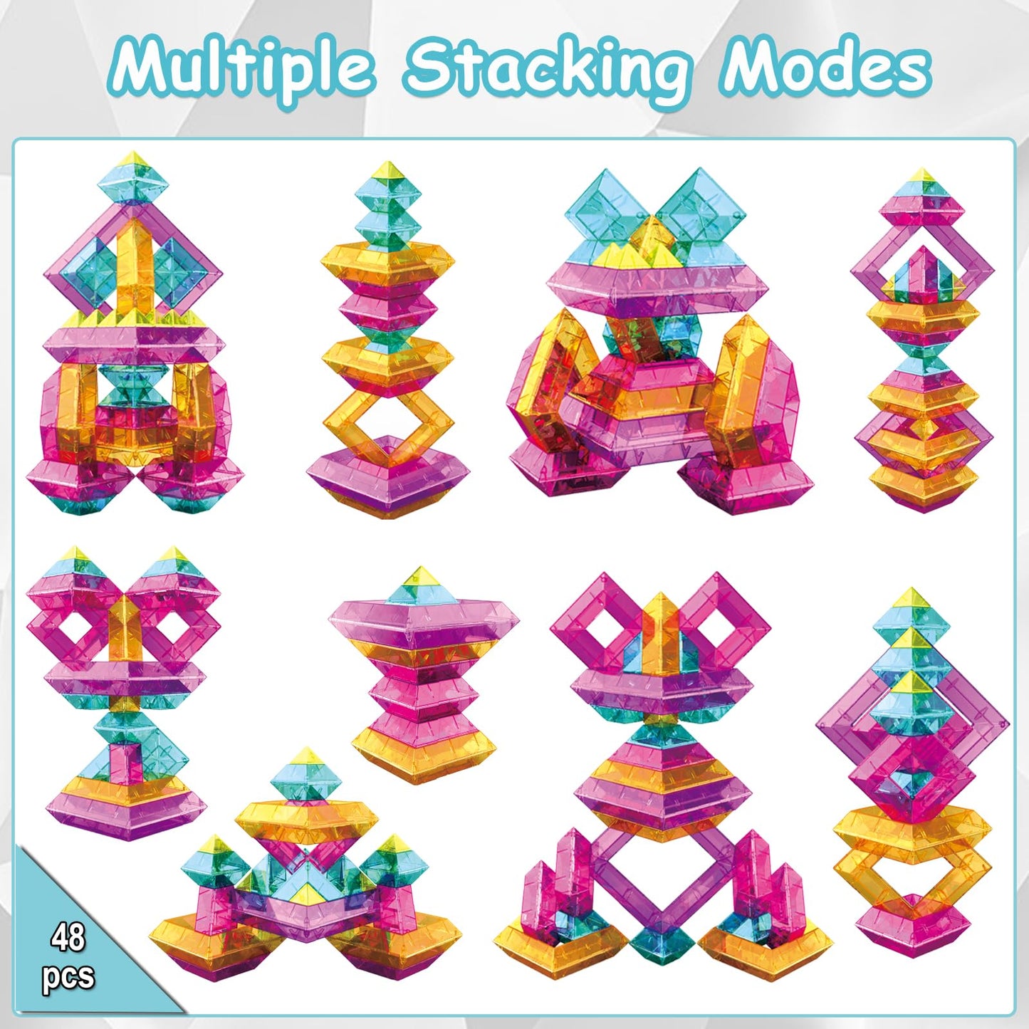 TEANXU 48 PCS Building Blocks Set for Kids, STEM Preschool Learning Stacking Toys for Toddlers Ages 3 4 5 6 - Pyramid Stacking Blocks with Storage Bag - Light Table Compatible