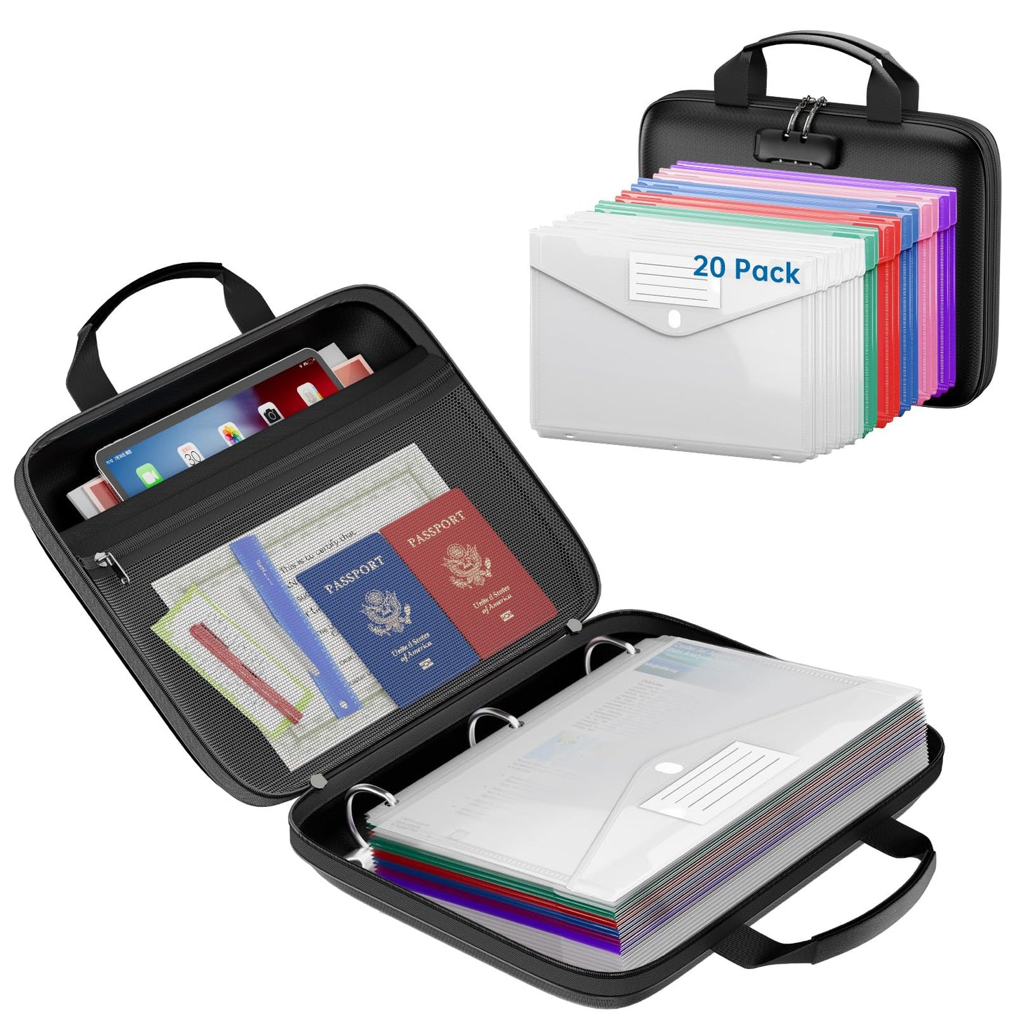 ZOOPIP Binder Folders Organizer with 20 Pack Heavyweight Plastic Pockets,Fireproof File Folder Box with Lock,Zipper Binder Bag for Important Documents,Letter Size