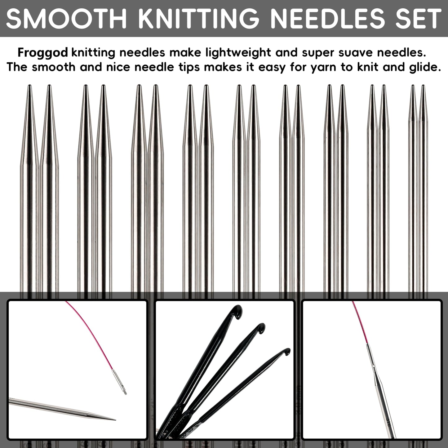 Froggod 5-Inch Aluminum Lace Interchangeable Circular Knitting Needle Set, Sizes US 0, 1, 2, 3, 4, 5, 6, 7, 8 Interchangeable Knitting Needles Lace-Tip with 4 Assorted Cables with Project Bag