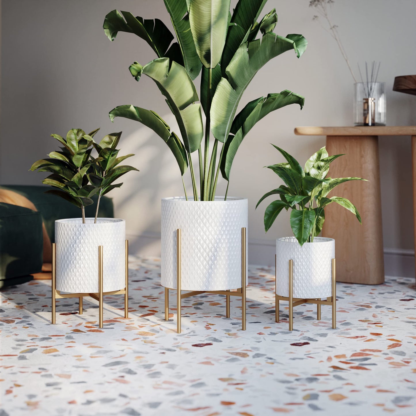 EverNest Claire Mid-Century Modern White Planter and Stand, Indoor Plant Pot, SelectBase, Minimalist Aesthetic, Home Decor for Plants - (Gold Base, Small)