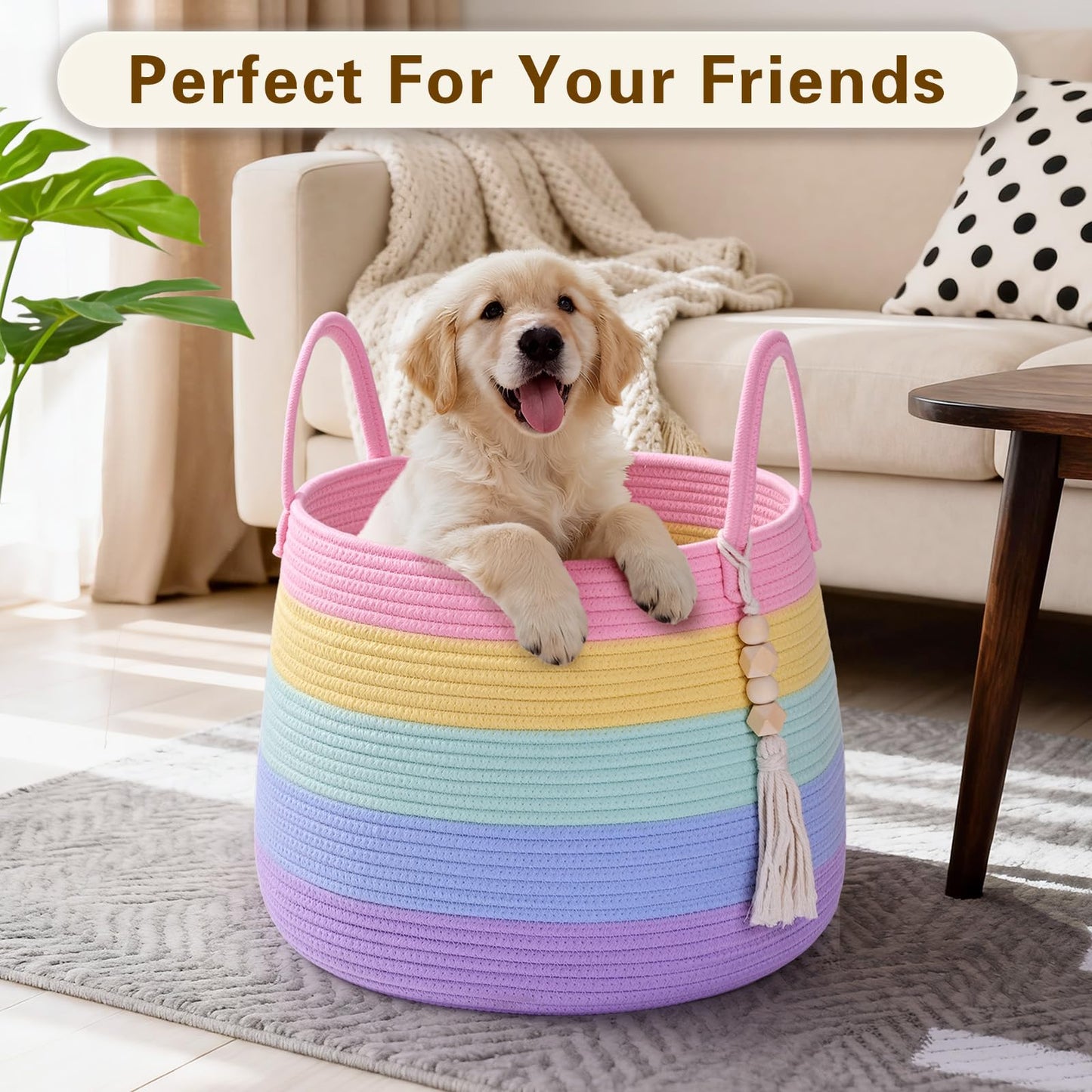 Degeyoyo Large Nursery Hamper, 30L Blanket Basket with Handle, Baby Laundry Basket for Gift, Toy, Clothes, Woven Storage Basket with Wooden Bead Decor, Baby Hamper for Nursery(Rainbow)