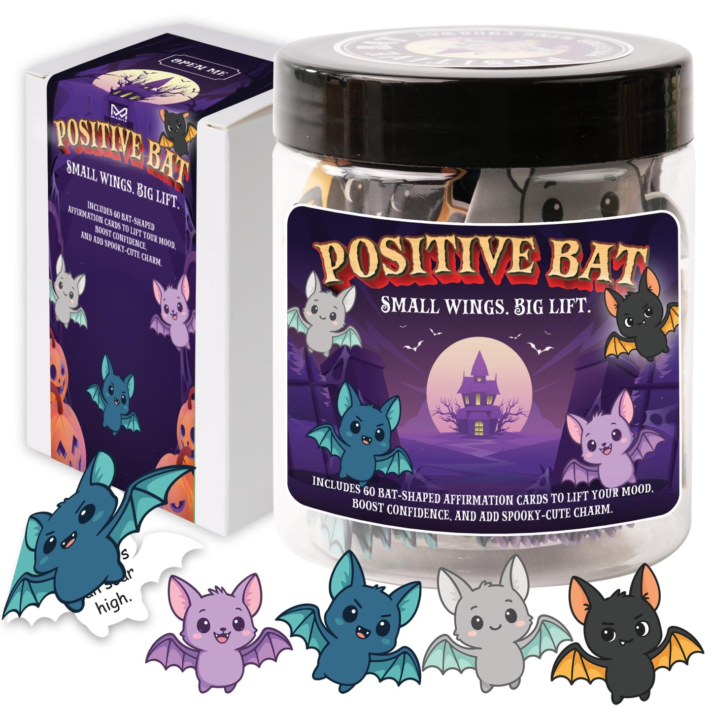 Positive Bat Jar, 60 Bat-Shaped Affirmation Cards, Cute Spooky Self Care, for Women & Teens, Halloween Basket Stuffers for Adults, Boo Basket Stuffers for Women