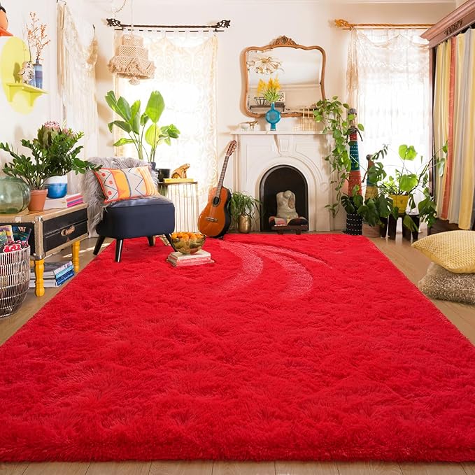 Amearea Premium Soft Fluffy Rug Modern Shag Carpet, 8x10 Feet, Fuzzy Shaggy Rugs for Bedroom Living Room Teen Apartment Decor, Comfortable Indoor Furry Dorm Carpets, Red