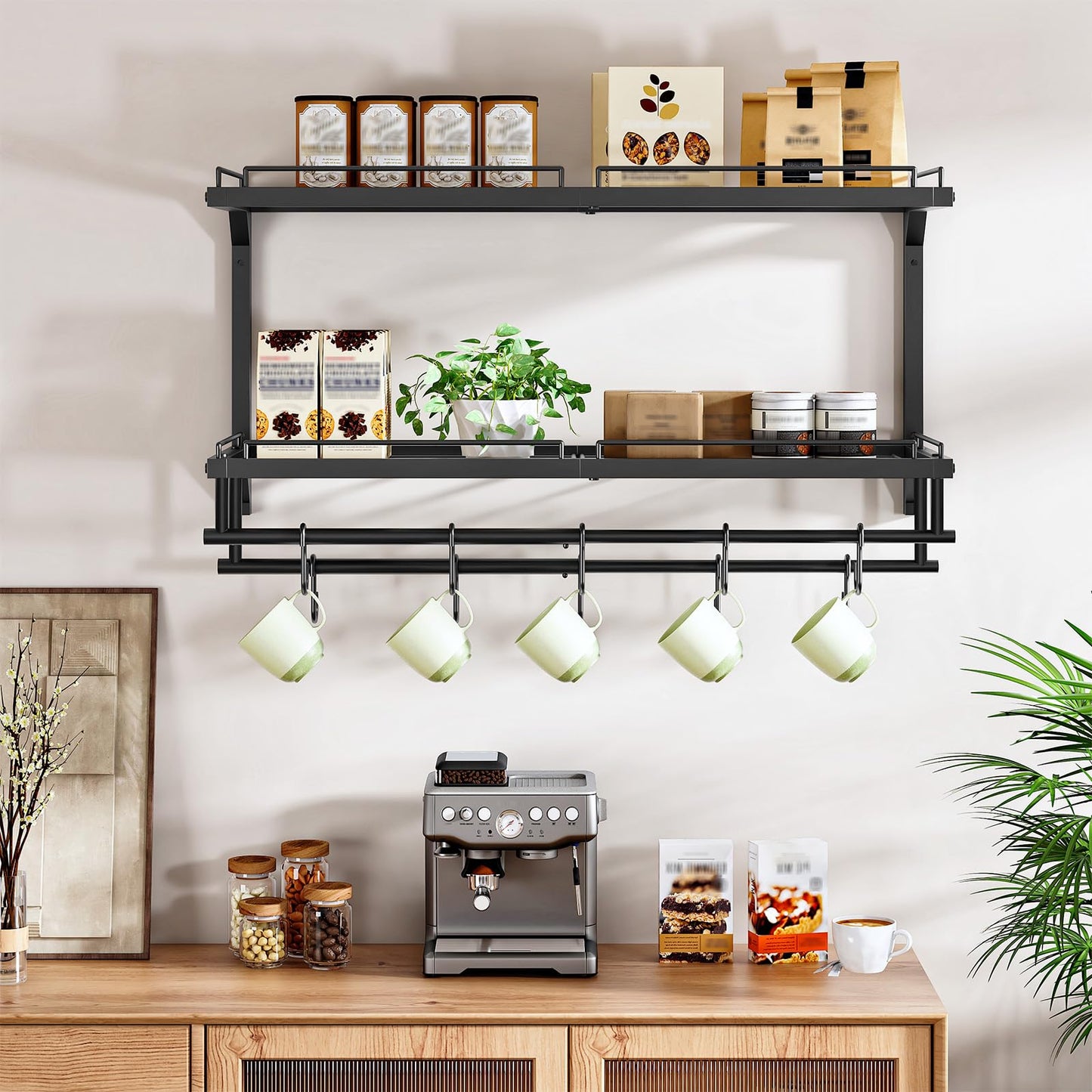 CHOEZON Pot Rack, Wall Mounted Pan Holder, 2-Tier Pot and Pan Organizer, Pot Hanger with 10 S-Shaped Hooks, Cookware Organizer with 5 Removable Metal Wire Dividers, Black TPR35BB