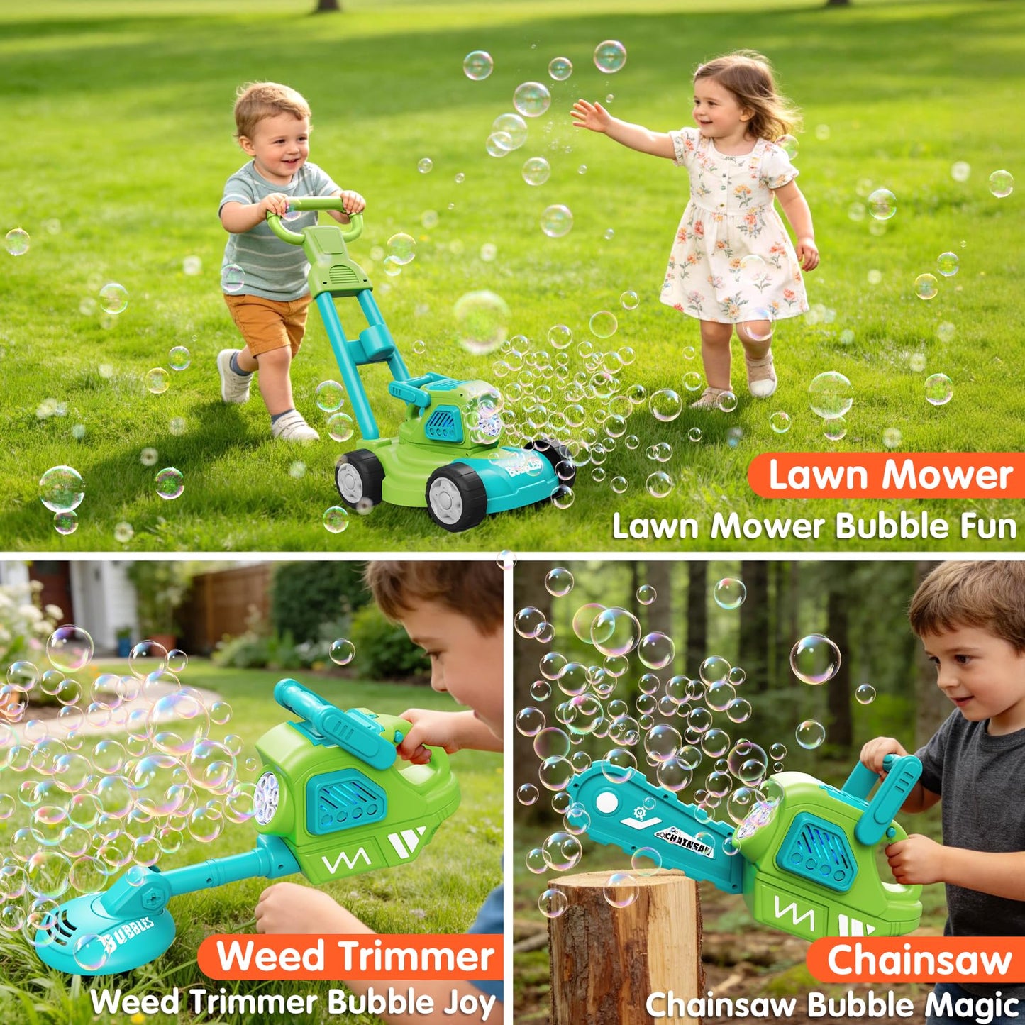 Bubble Lawn Mower for Kids, 3-in-1 Bubble Machine Blower with 10 Bubble Solution, Outdoor Push Toys for Toddlers Ages 3-8, Birthday Easter Summer Gift for Boys Girls 3 4 5 6 7 8 Year Old