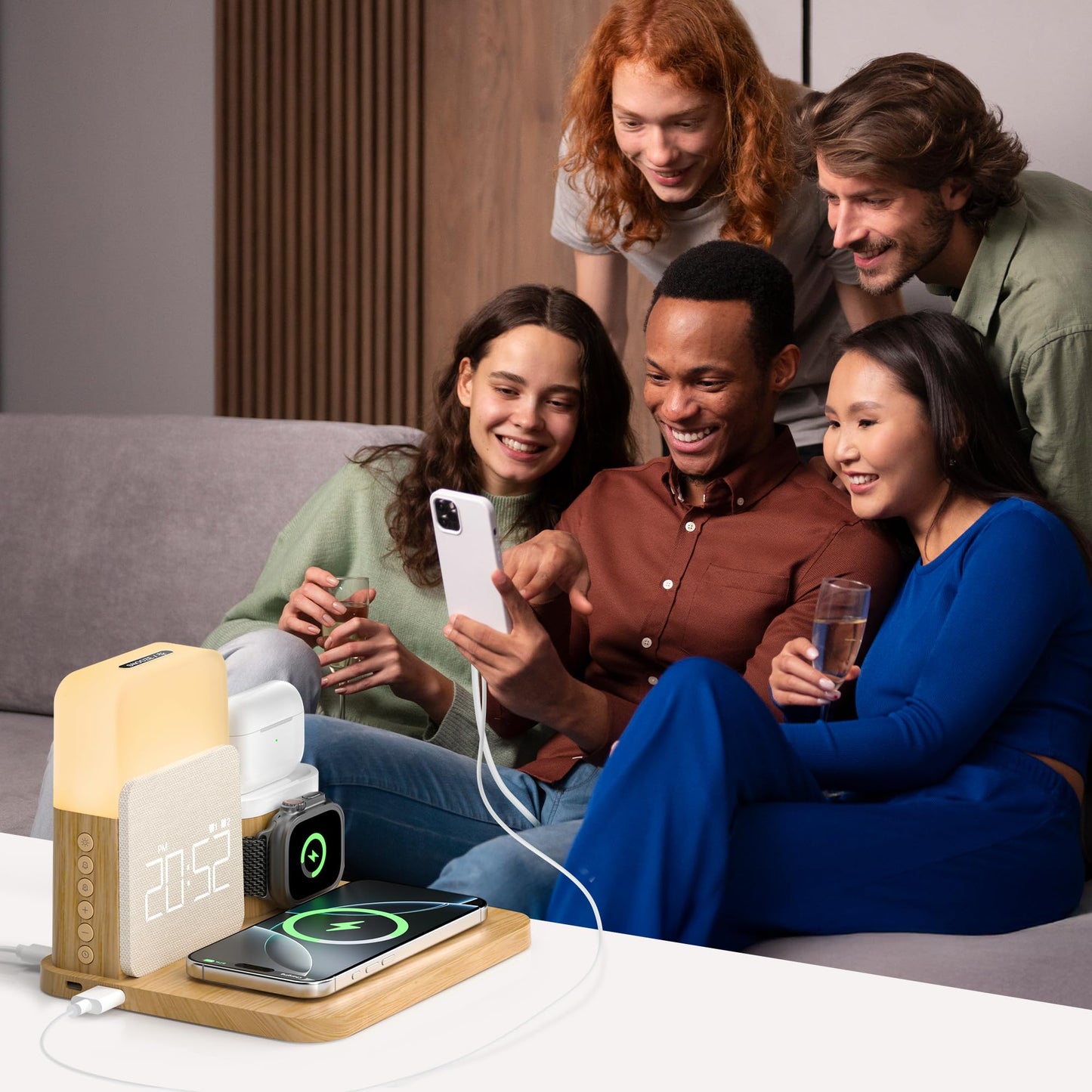 Alarm Clock Charging Station for Bedrooms, 7 in 1 Wireless Charging Station, Magnetic Charger with Night Light Bedside Clock for iPhone 17 16 15 14 13 12 Pro Max, Apple Watch, AirPods (Wood)