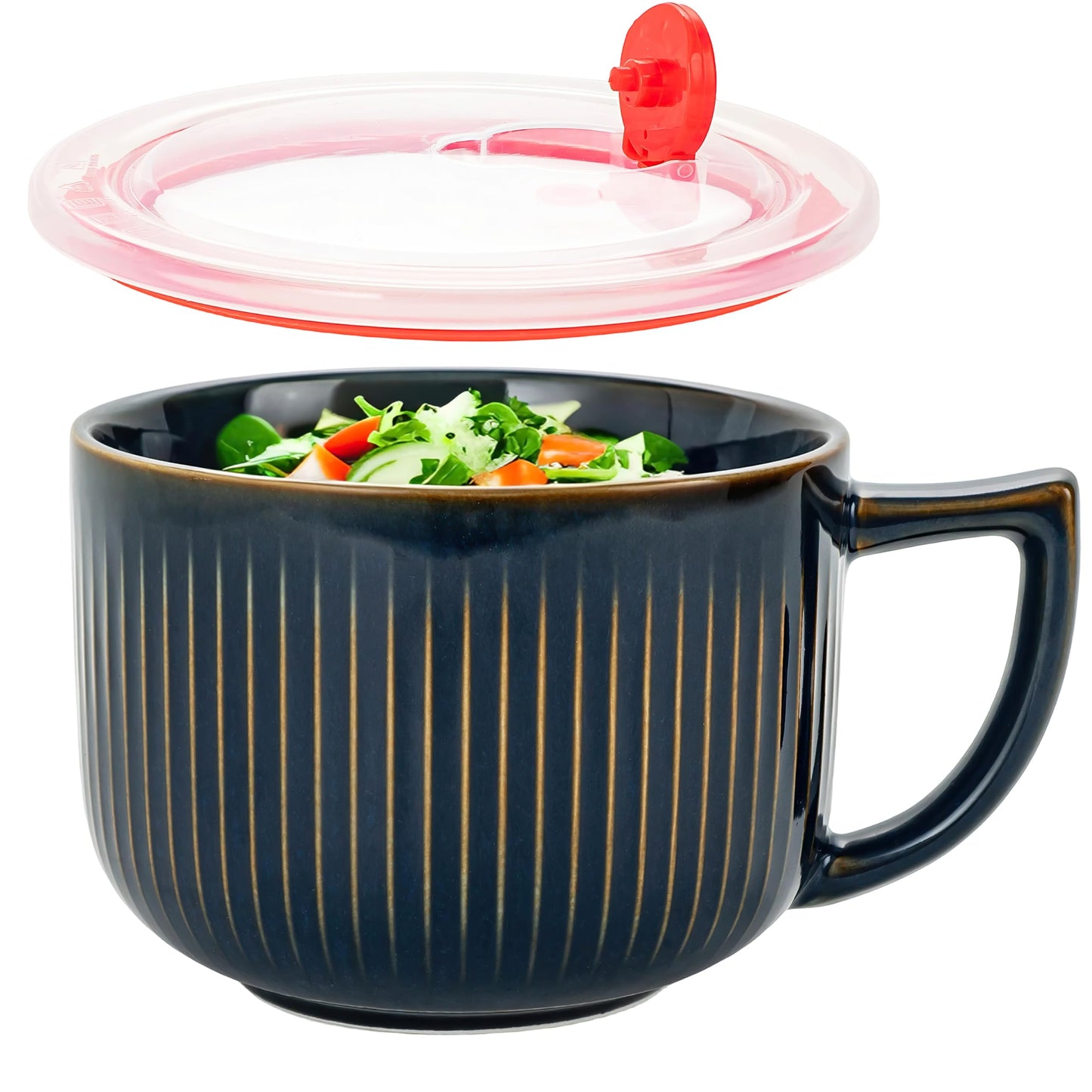 Pyrilo 38oz Blue Ceramic Soup Mug, Large Soup Bowl with Handle & Lid, Microwave & Dishwasher Safe Extra Large Soup Bowl with Lid for Cereal Oatmeal Ramen Instant Noodle Salad (1 Pack)