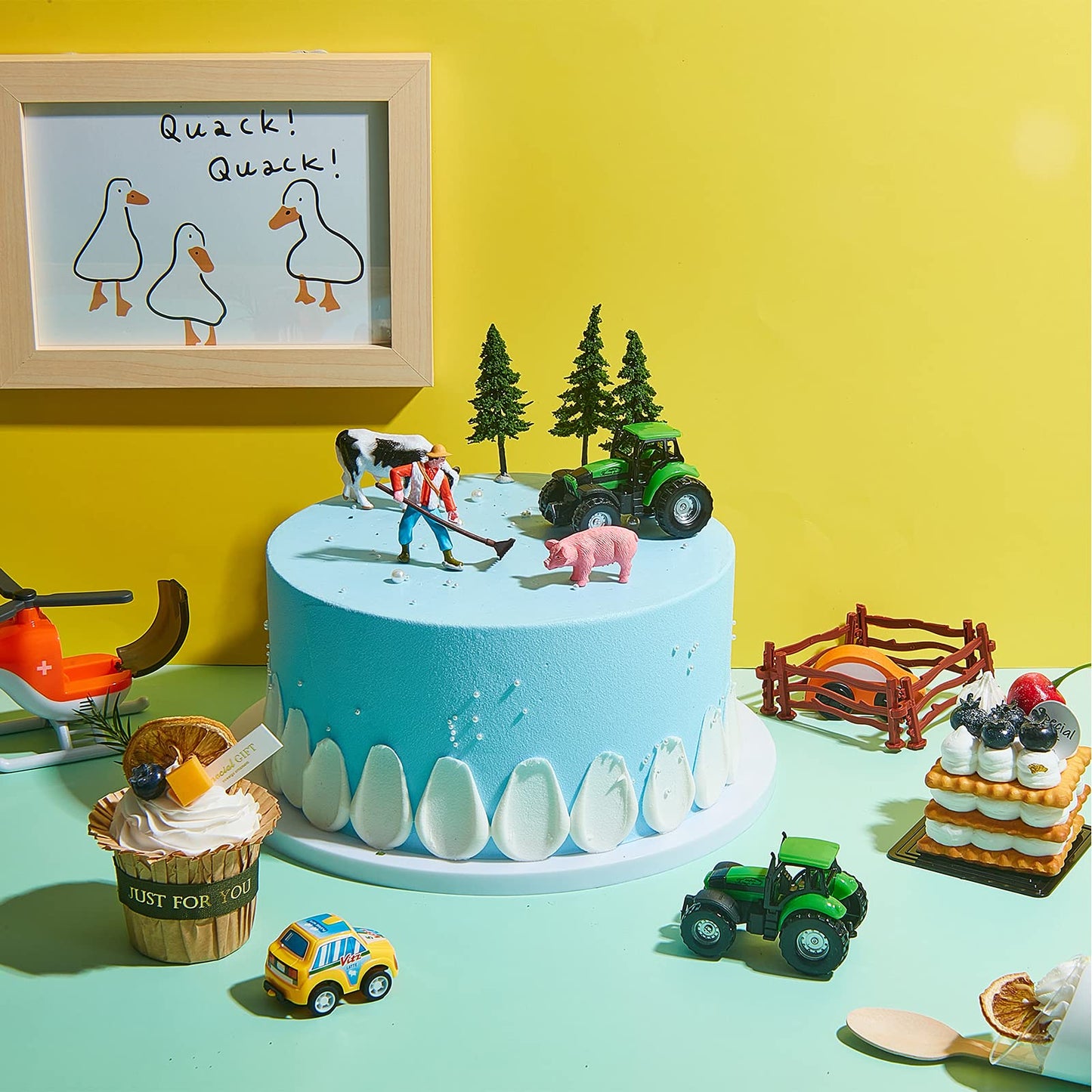 12 Pieces Tractor Cake Topper Set with Tree Farmer Fences Mini Barn Animal Figurines for Farm Animal Theme Party Birthday Party Decorations