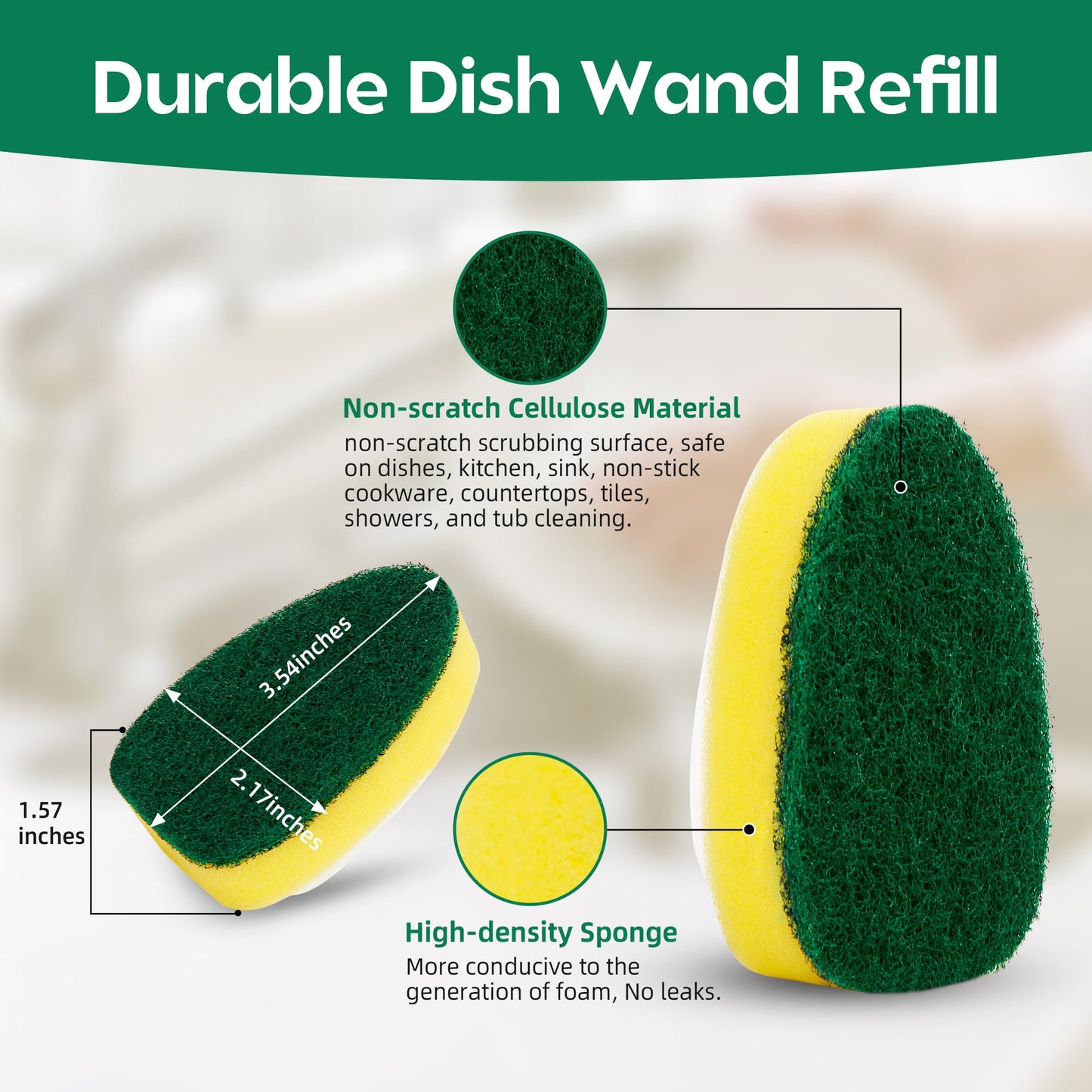 Non-Scratch Dish Wand Sponge Refills, Zero-Scratch Replacement Heads for Dish Wand, Scratch-Free Dishwand Refills, Non-Scratching Scrubber Pads for Soap Dispensing Handle, Safe for Nonstick Cookware
