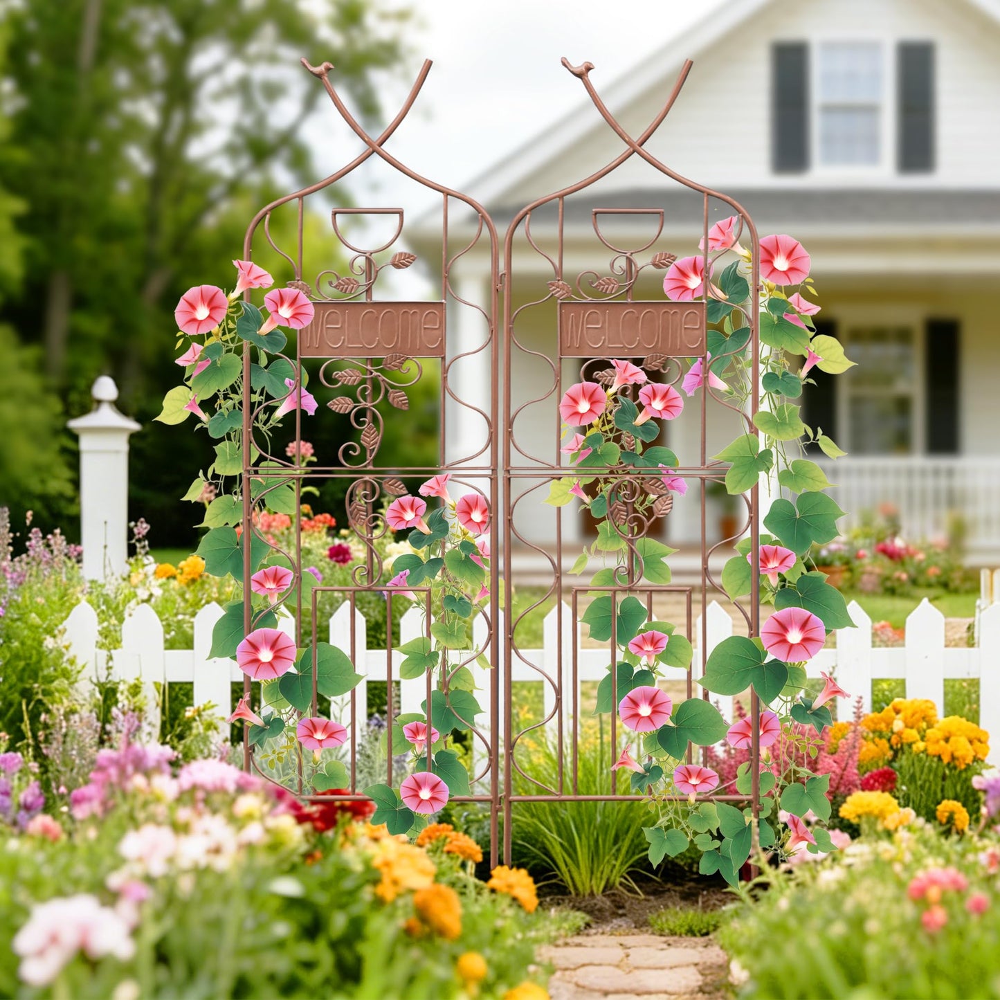 LZRS 2 Pack 59.5 * 18in Rustic Iron Arch Decoration Garden Trellis with Metal Coating – Perfect for Supporting Climbing Plants Outdoor, Roses, Vines, Flowers, and Vegetables, Brown