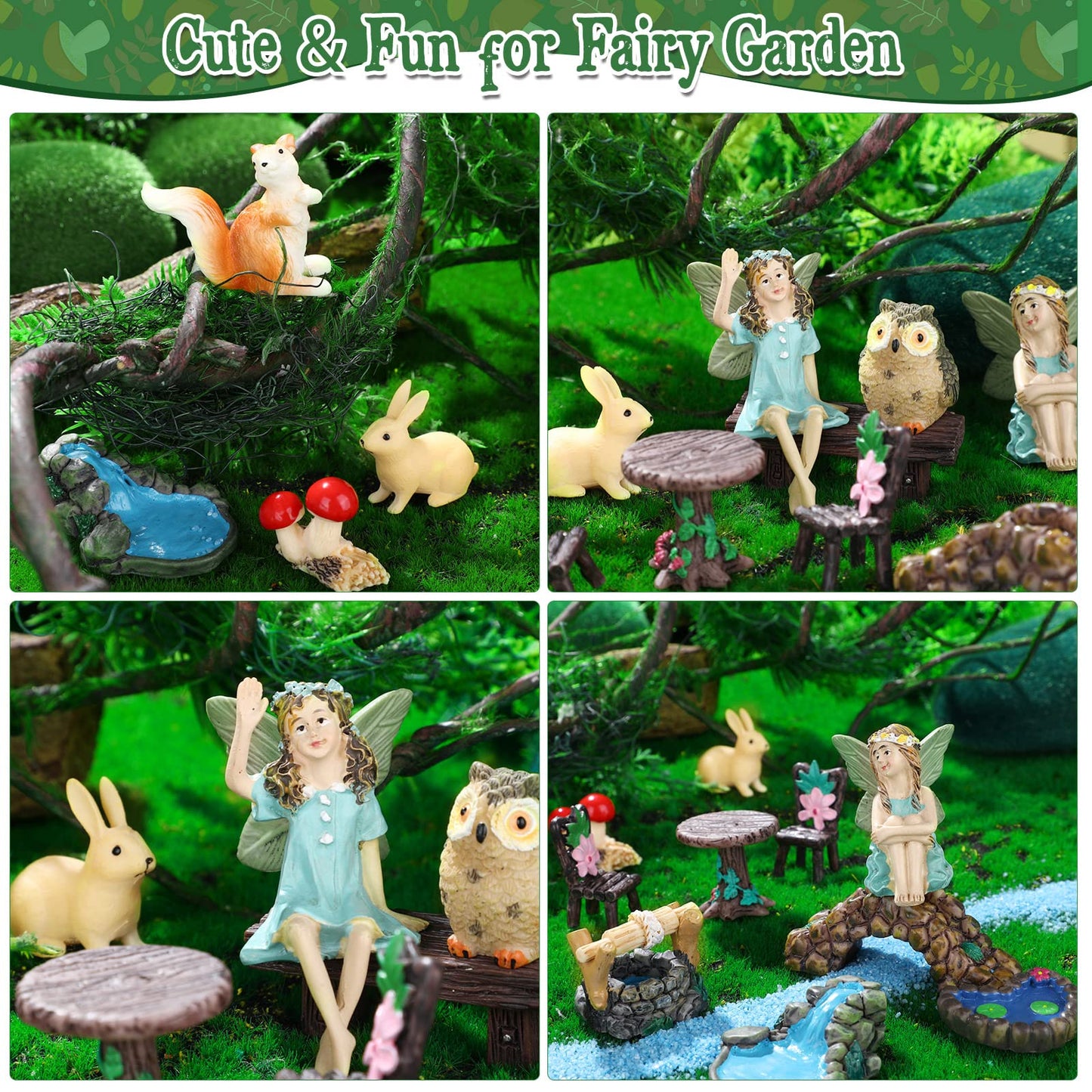 Roowest 19 Pcs Miniatures Garden Fairies Kit Garden Accessories Miniatures Bunny Squirrel Owl Animals Cute Tiny Mushroom Mini Pond Bridge Figurine for DIY Home Micro Landscape Terrarium Ornaments