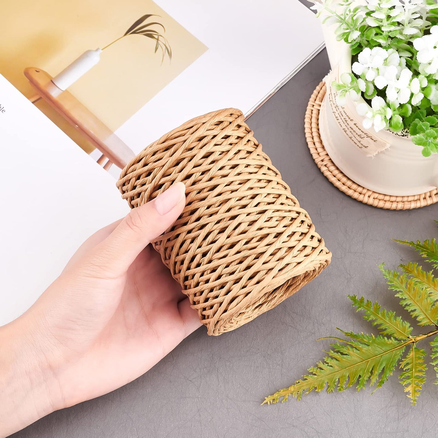 CHGCRAFT 2mm 164ft(50m) Floral Iron Bind Stem Wire Paper Wrapped Rattan Rope Rustic Paper Twine for Flower Bouquets Wedding Gift Wrap Weaving Basket Vase Christmas Decoration, Light Brown