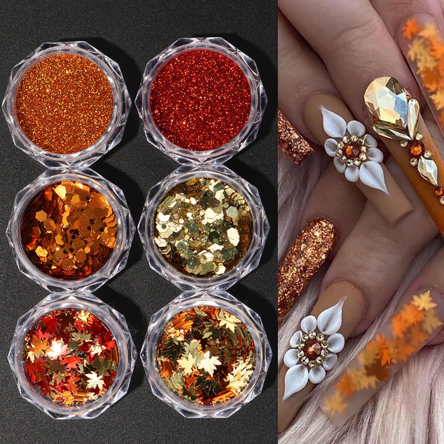 Thanksgiving Fall 3D Maple Leaf Nail Art Glitter Sequins, Mixed Red & Orange Nail Glitter Powder Polygons Sequins Fall Nail Decals for for Women Nail Decorations Supplies DIY Manicure Accessories