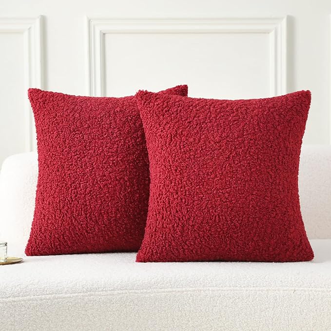 FUTEI Christmas Maroon Red Throw Pillow Covers 26x26 Inch Set of 2,Furry Faux Fur Teddy Boucle Textured Cushion Covers,Soft Fluffy Decorative Euro Pillow Shams,Home Decor for Couch Bed Living Room Car