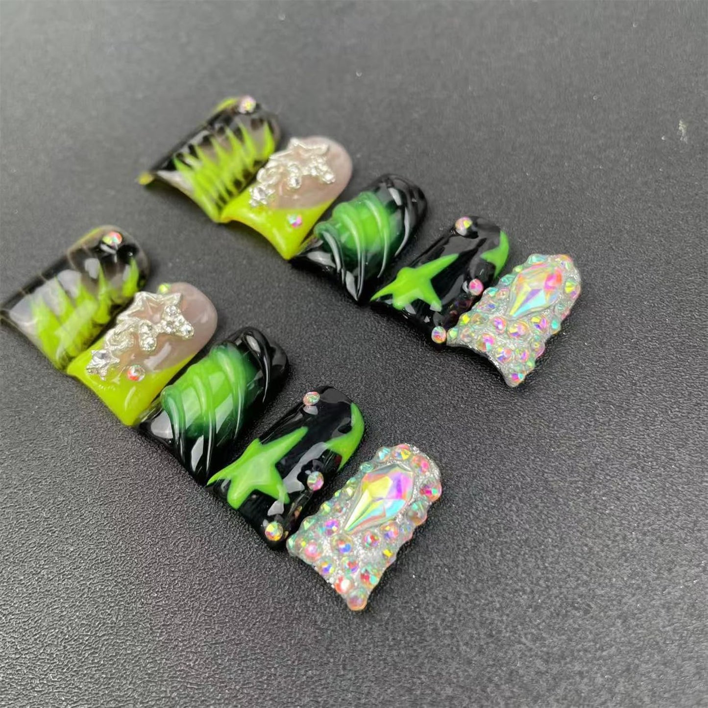 Handmade Press on Nails Medium Duck Nails,Black and Green Fake Nails with Star Rhinestone Design Reusable Acrylic Nature Stick on Nail Y2K False Nails for Wome (Size M)