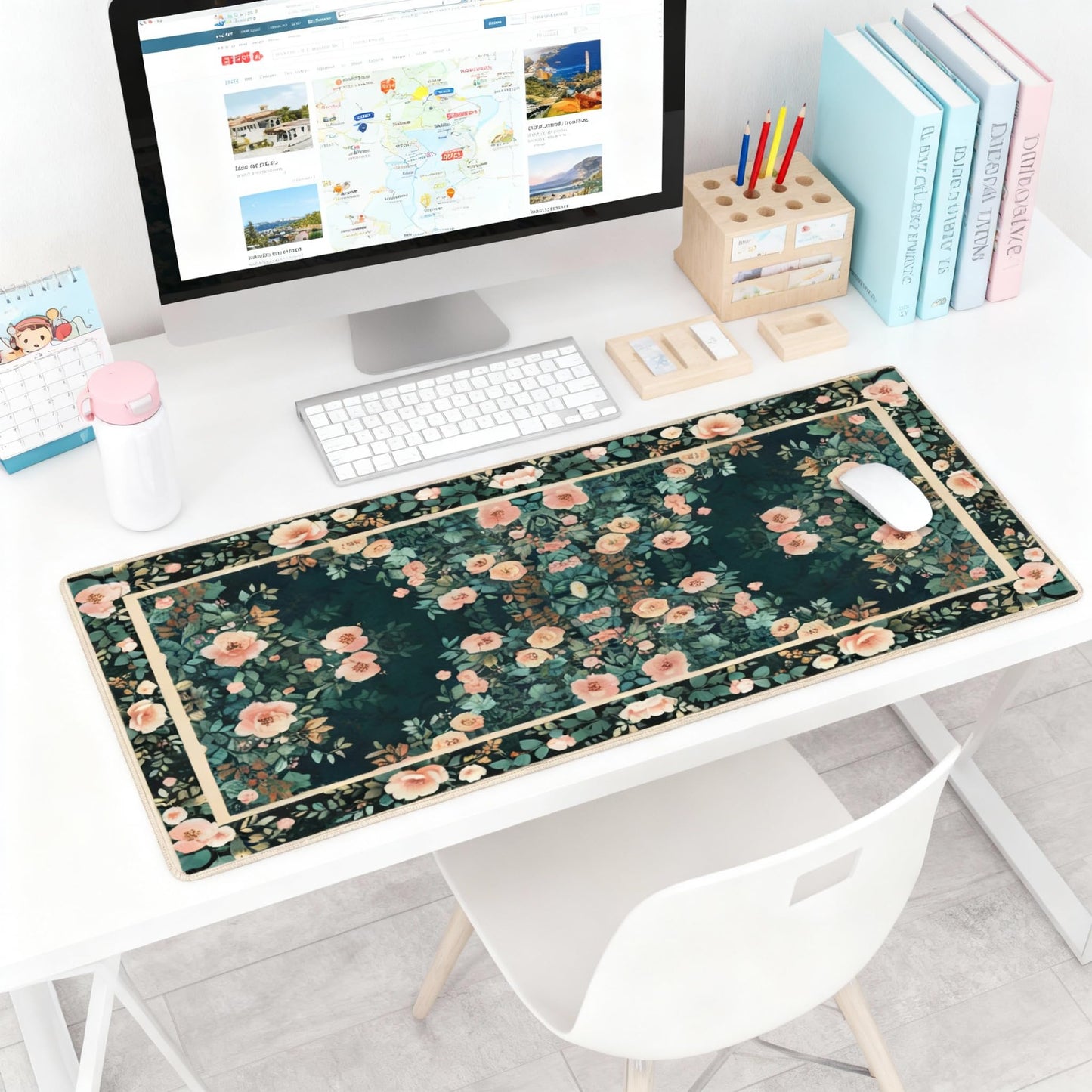 Floral Aesthetic Rose Gaming Mouse Pad, Forest Green Rug Desk Mat with Anti-Slip Base & Stitched Edges,35.4" x 15.7" in Table Mat for Computer Desktop, Beautiful Workstation Decor