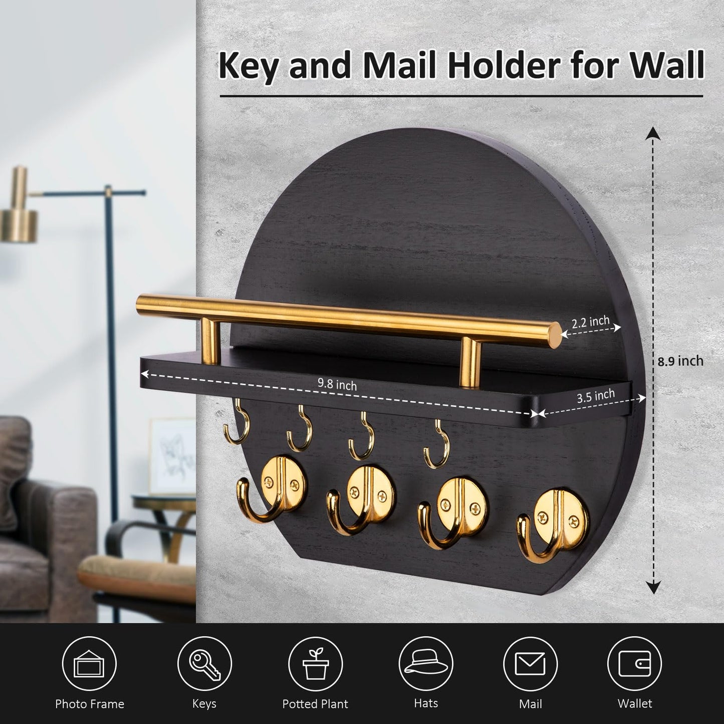 Nekon Key Holder for Wall - 9.8 Inch Apartment Wall Decor with Shelf and 8 Key Hooks, Circular Wood Key Hanger for Home Decor (Black with Golden Hooks)